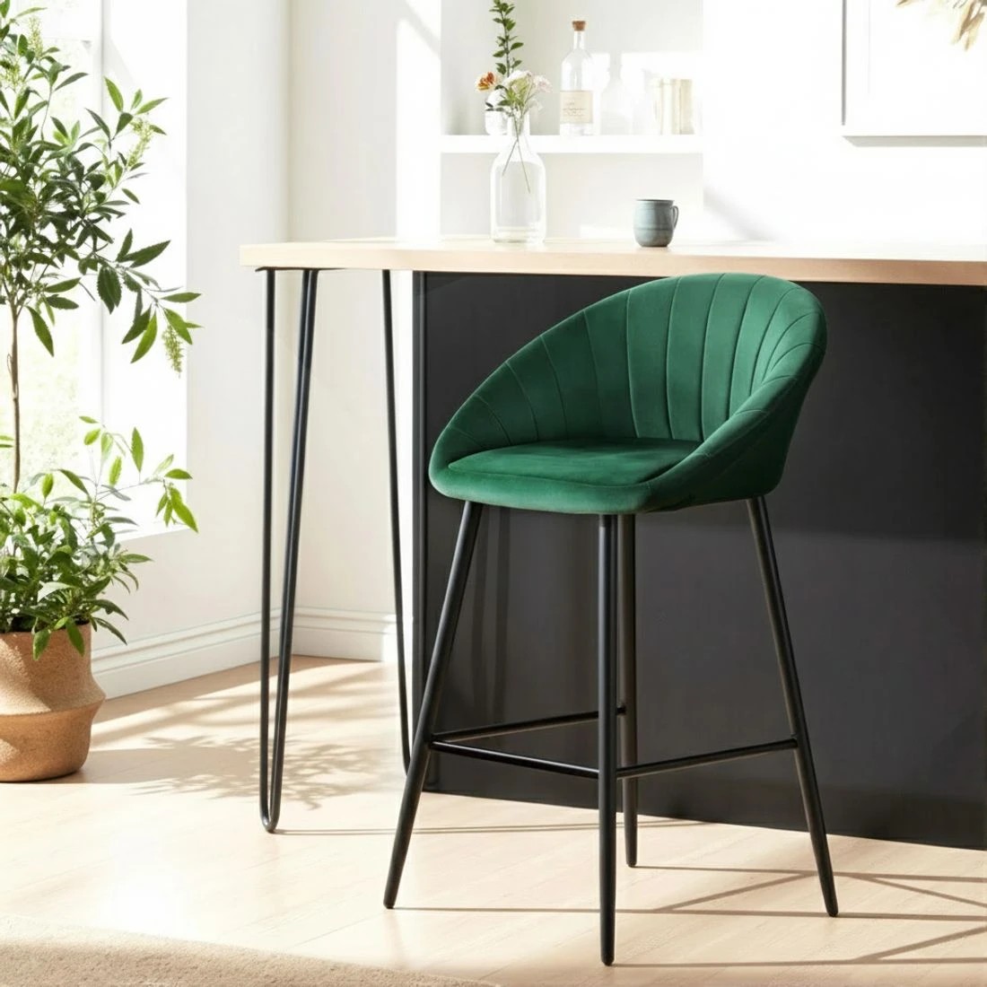 4 Artiss 2x Bar Stools Kitchen Dining Chair Counter Stool Tub Velvet Metal - Green, 4 of 6