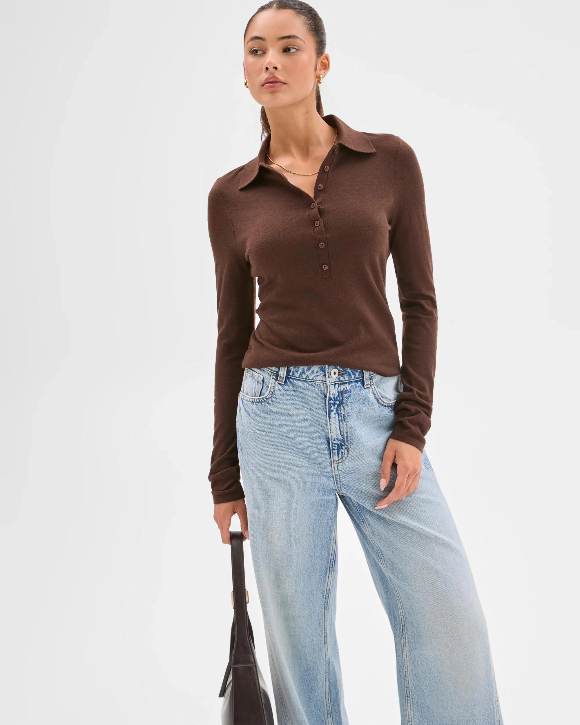 3 Lily Loves Long Sleeve Knit Polo Top COFFEE BEAN, 3 of 7