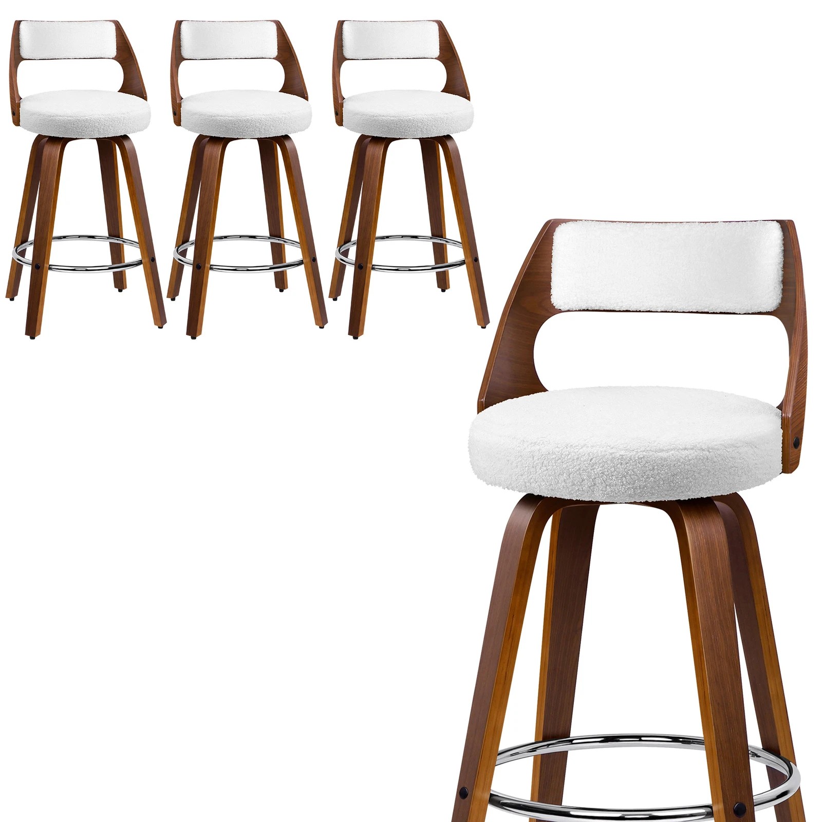 1 Alfordson 4x Swivel Bar Stools 65cm Kitchen Wooden Dining Chair Boucle - White, 1 of 10