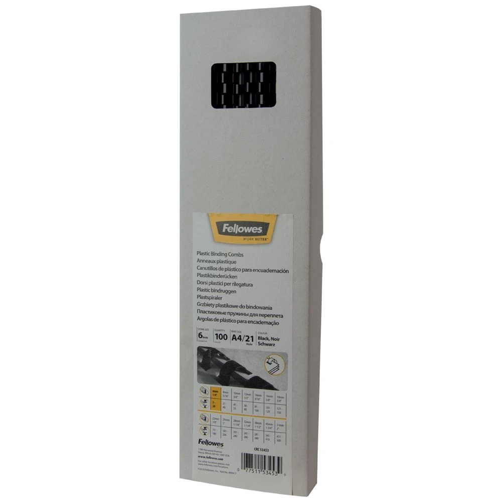 1 Fellowes Binding Combs 21 Loop 6mm Black 100 Pack, 1 of 4
