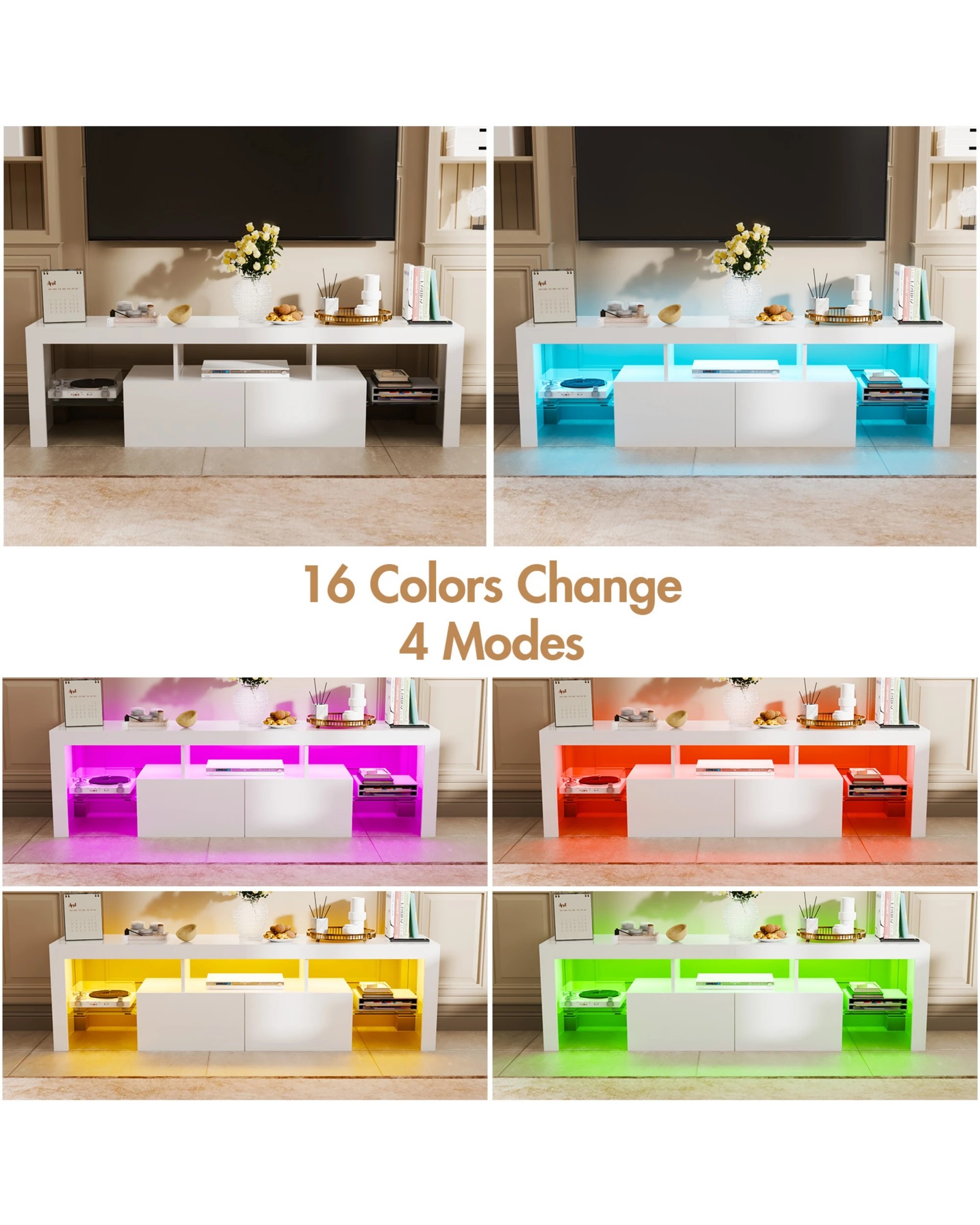 6 Advwin Tv Cabinet 160cm RGB LED UV Gloss Entertainment Unit Stand White, 6 of 8