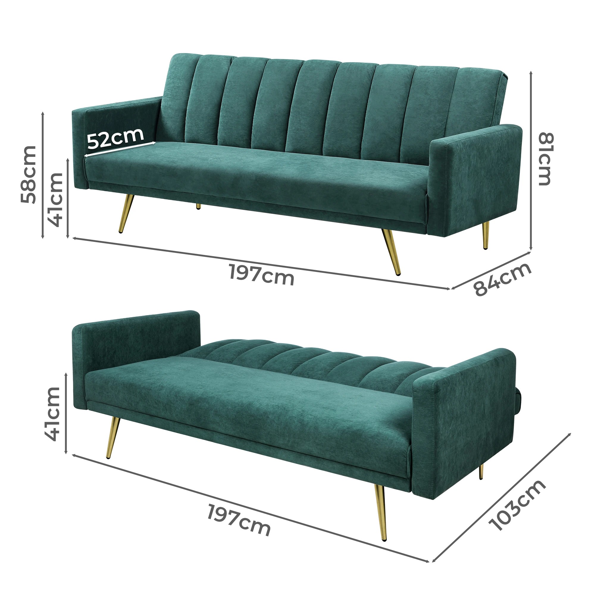 3 Levede 3 Seater Velvet Sofa Bed - Green, 3 of 5