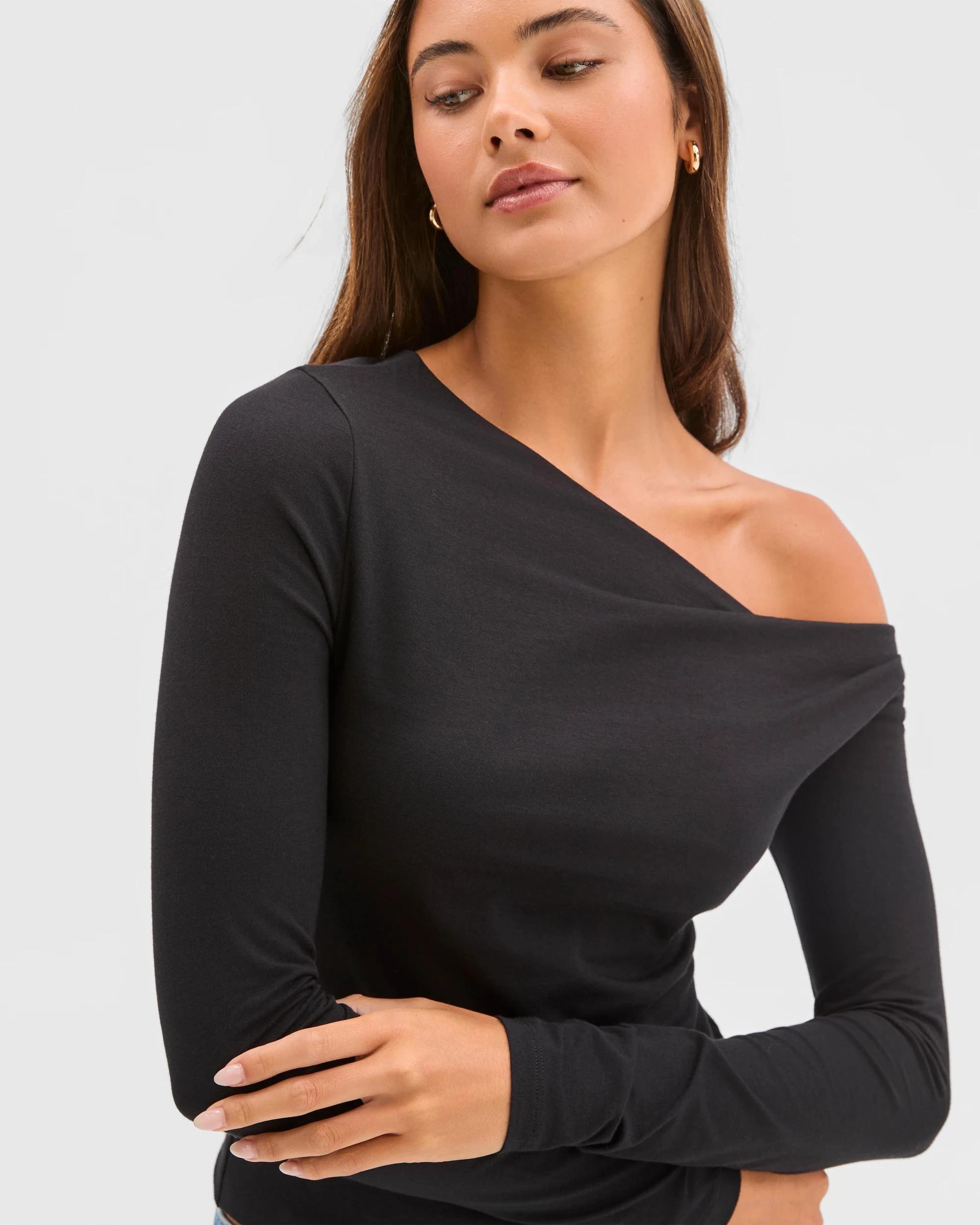 5 Lily Loves Australian Cotton Off Shoulder Long Sleeve Top BLACK, 5 of 6