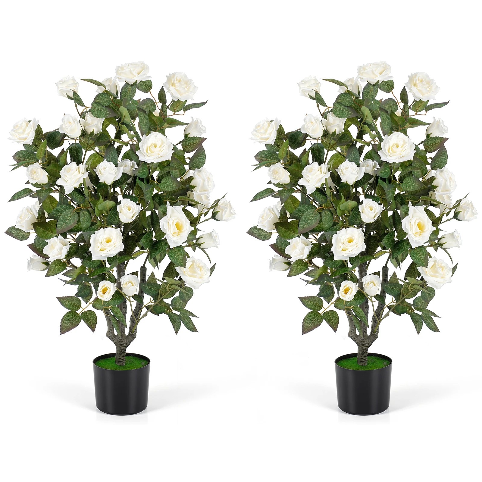 1 Costway 90cm Artificial Rose Tree Faux Greenery Potted Plant 2 Pack - White, 1 of 4