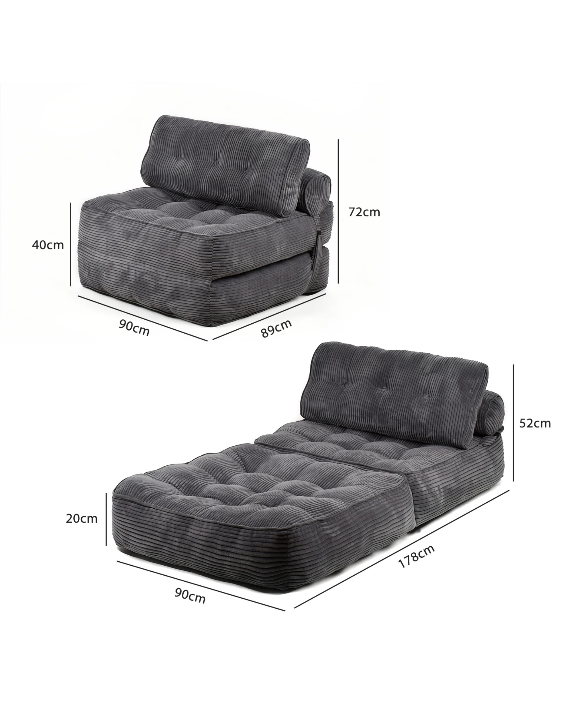2 Advwin 3-in-1 Floor Folding Sofa Bed Convertible Sleeper Chair w/ Pillow Single Corduroy Lazy Sofa Couch Mattress Dark, 2 of 8