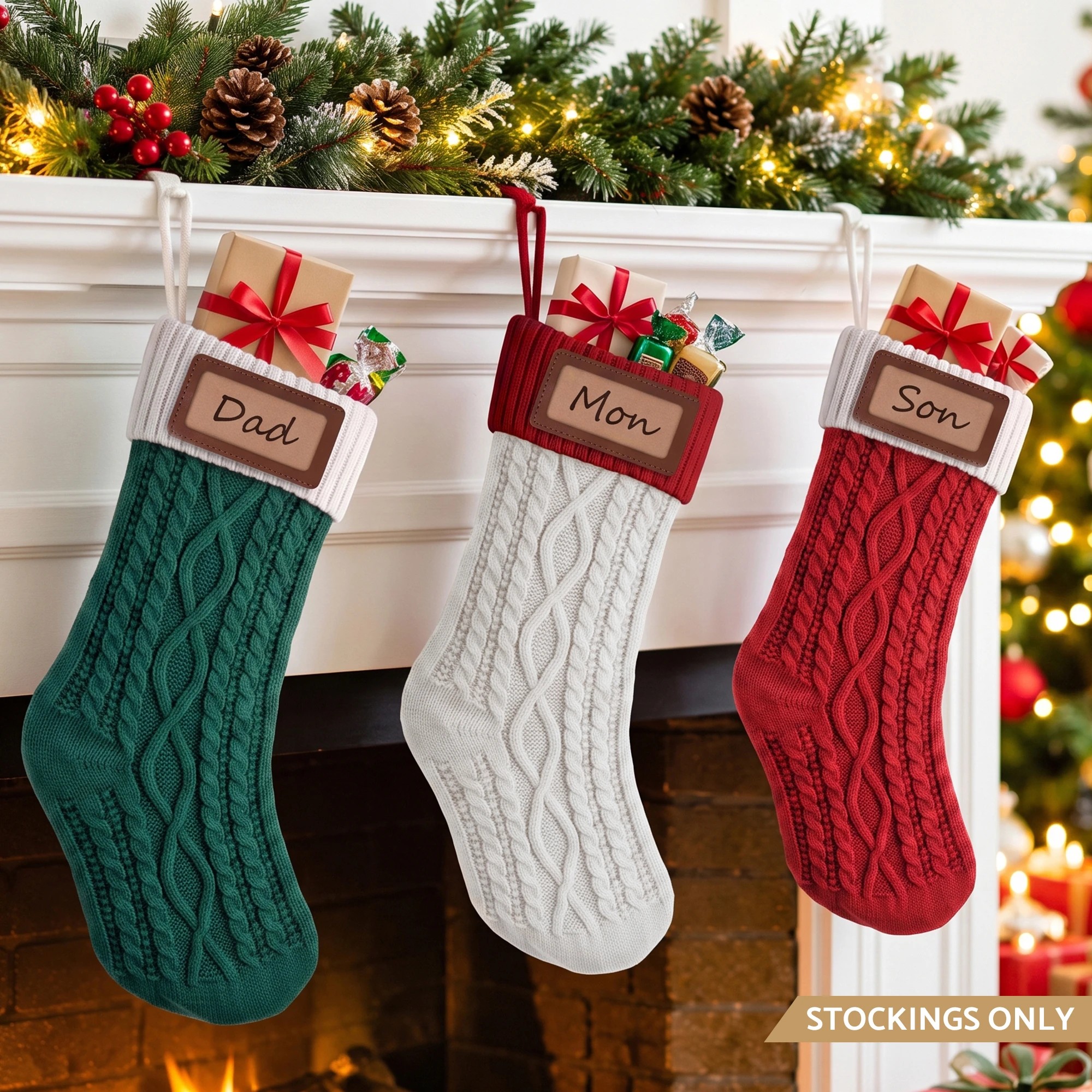 2 Jingle Jollys 3PCS Personalized Christmas Stockings Leather Patches 16 Inch Knitted Xmas Hanging Decor - Multi, 2 of 7