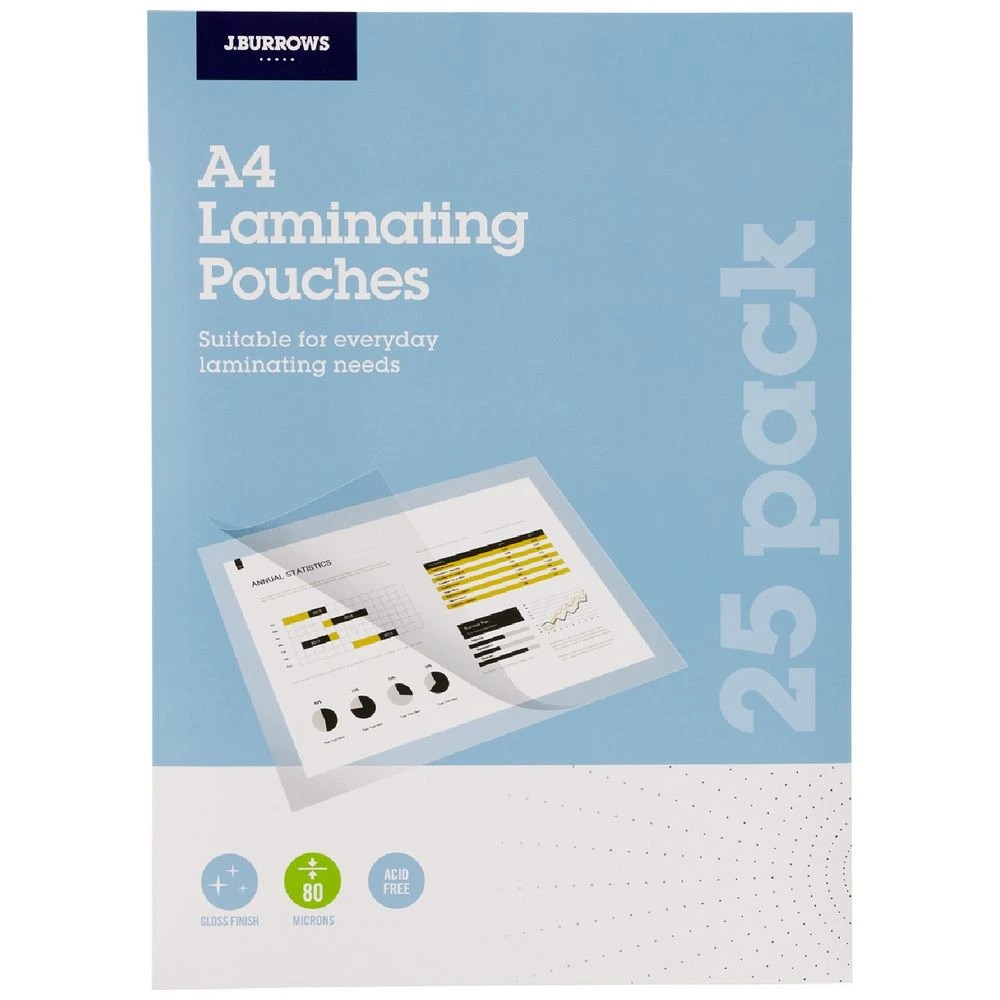 1 J.Burrows A4 Laminating Pouches 80 Micron 25 Pack Gloss, 1 of 3