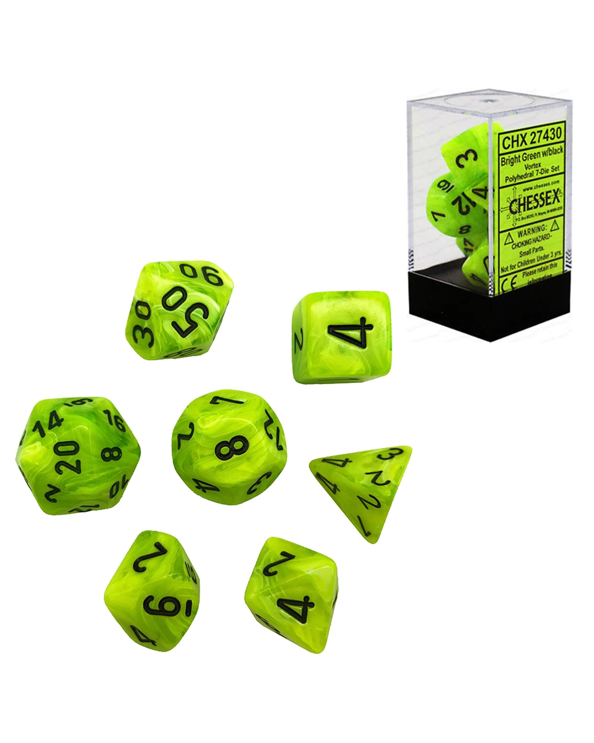 1 Chessex Vortex Polyhedral 7-Die Dice Set - Bright Green and Black, 1 of 3
