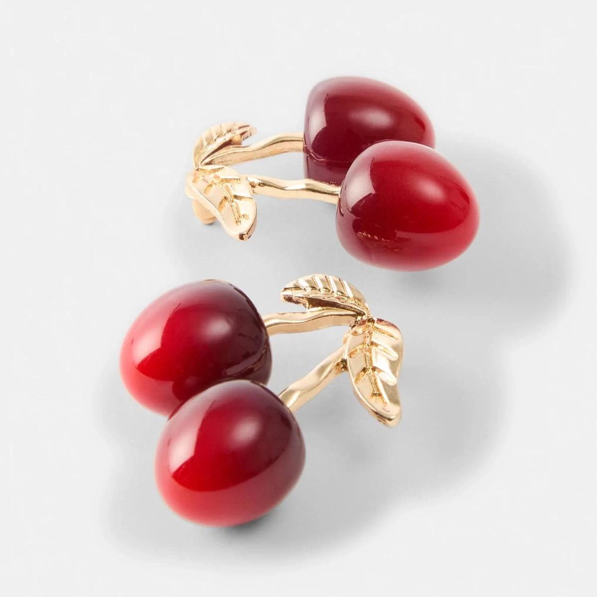 3 3D Cherry Stud Earrings - Red and Gold Tone BURGUNDY CHERRY, 3 of 5