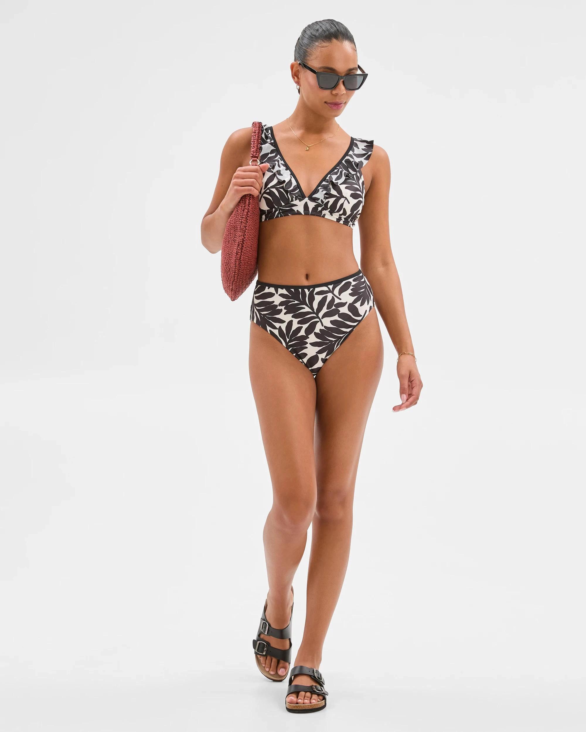 2 Target Resort Smooth Frill Bikini Top BLACK/WHITE PALM, 2 of 6