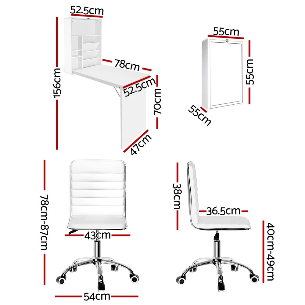 2 Artiss Computer Desk Office Chair Set PU Leather Wall Mount Foldable Table - White, 2 of 6