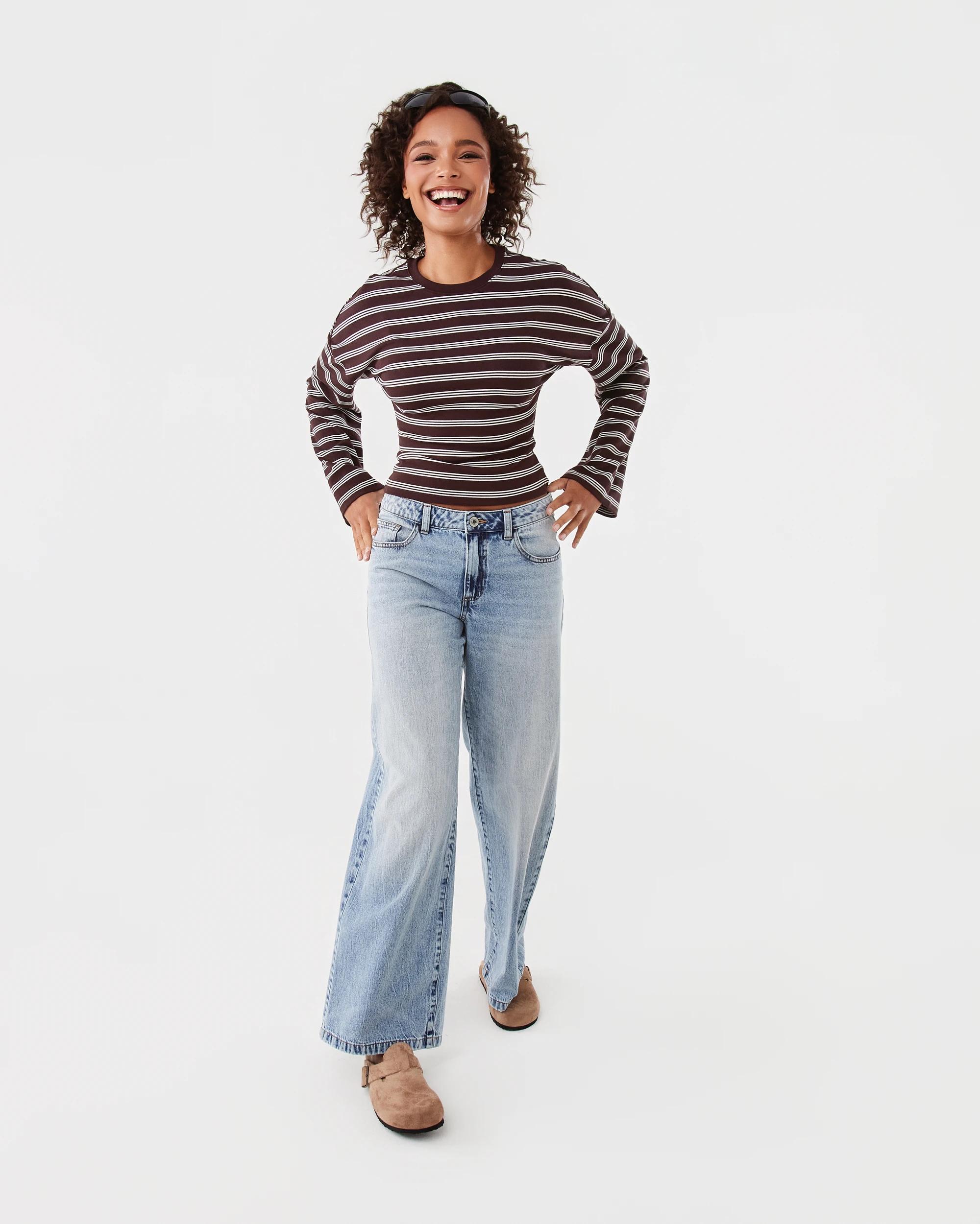 2 Long Sleeve Fitted Top Brn Stripe, 2 of 7