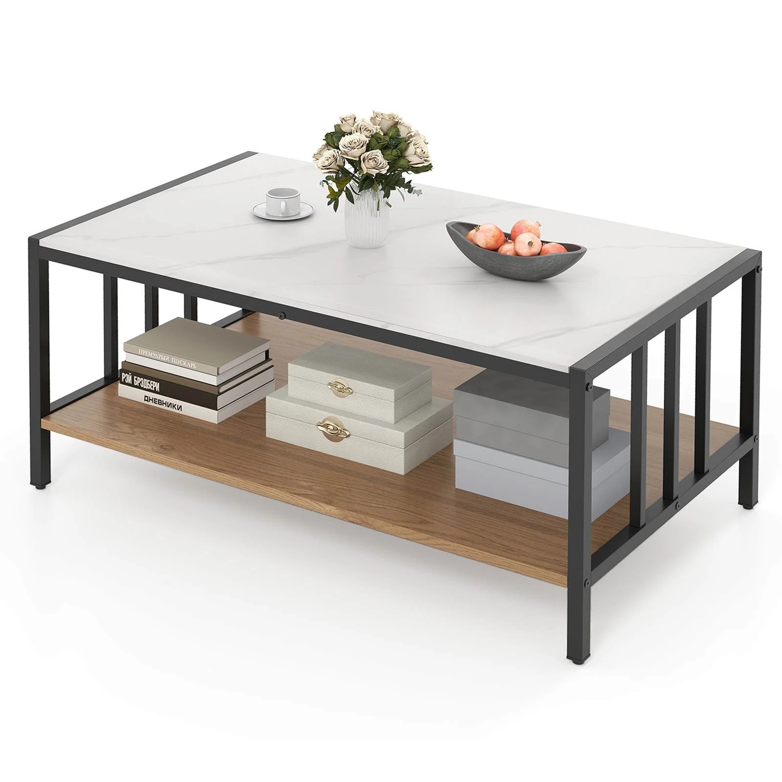 4 Costway 2-Tier Coffee Table Rectangular Center Table Faux Marble Accent Table, 4 of 4