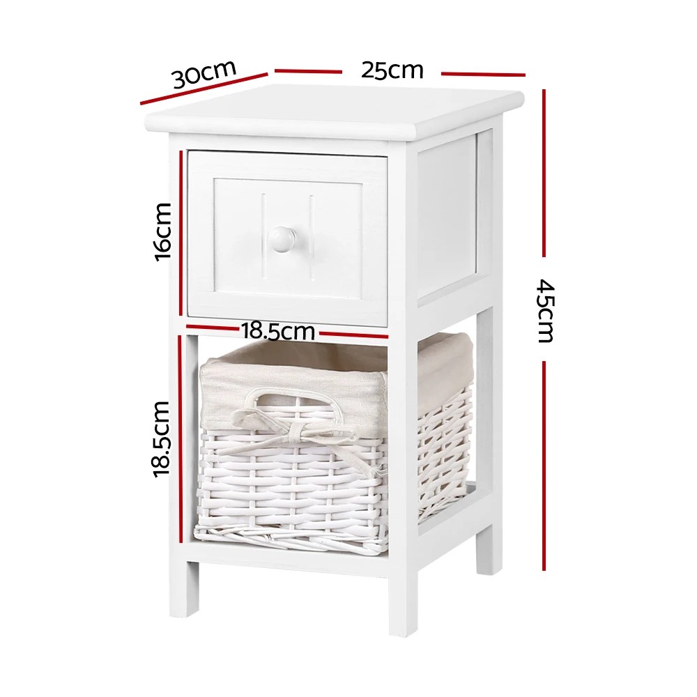 2 Artiss Bedside Table 1 Drawer with Basket Rustic  X2 - White, 2 of 7