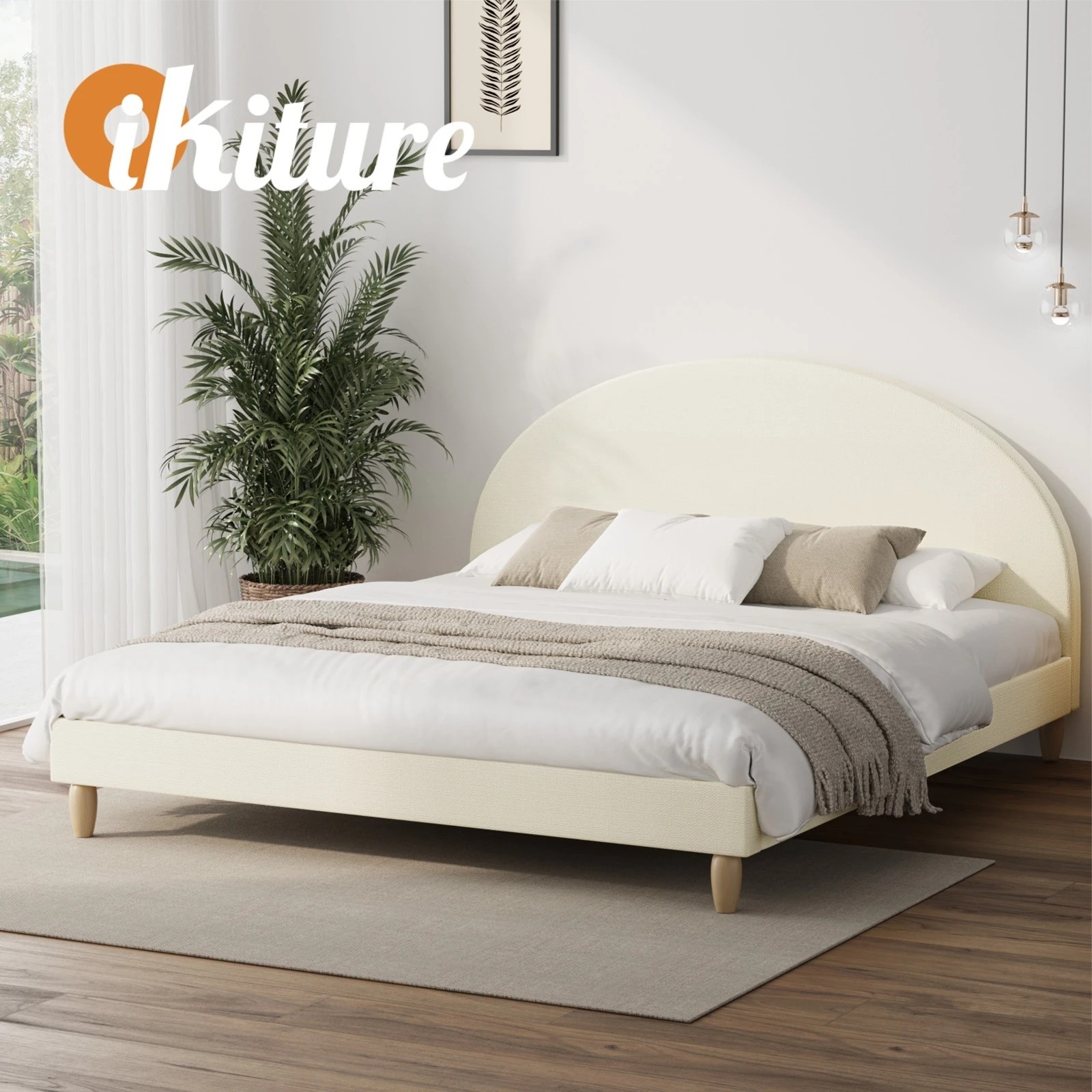 6 Oikiture King Bed Frame Arched Beds Platform
 - Beige, 6 of 10