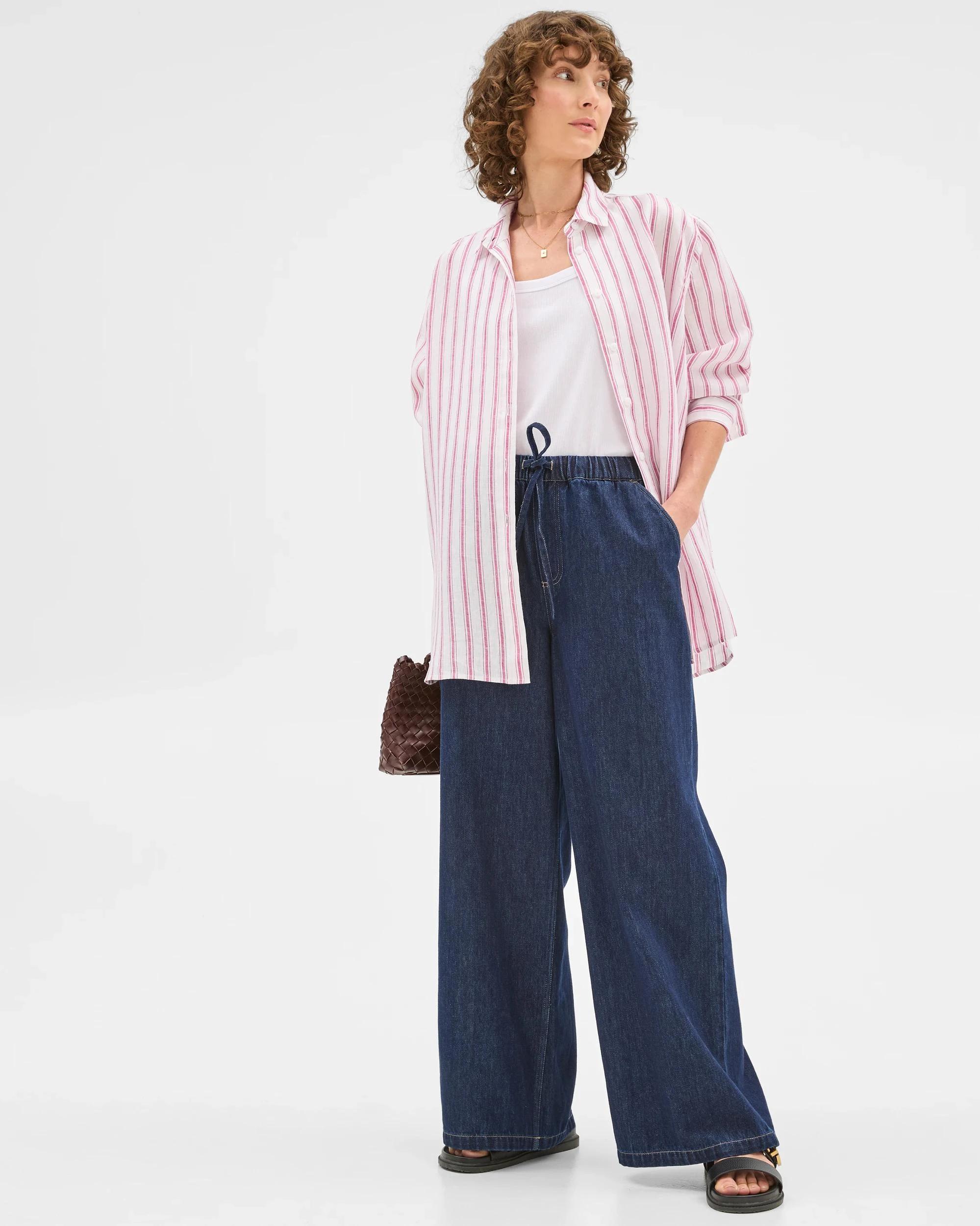 2 Target Woman European Linen Long Sleeve Shirt MAGENTA STRIPE, 2 of 6