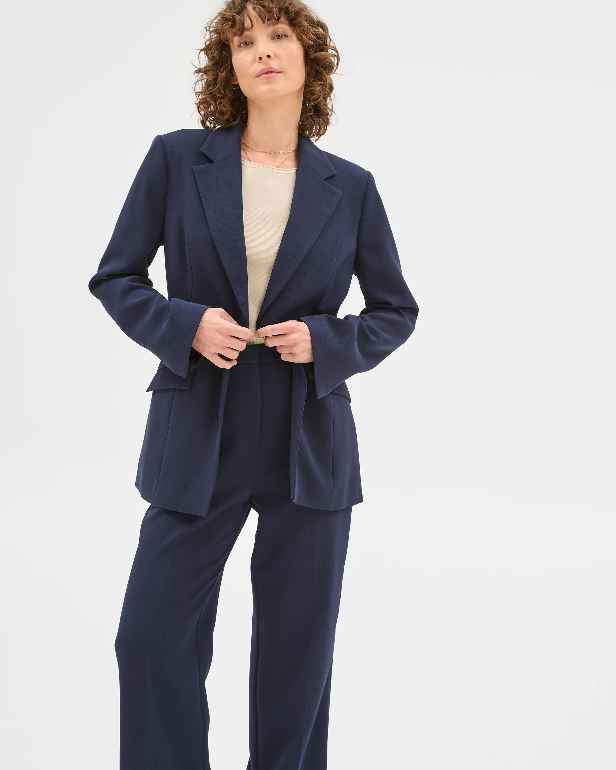 1 Crepe Tailored Single Breasted Cinched Waist Blazer - Preview NAVY BLUE, 1 of 7