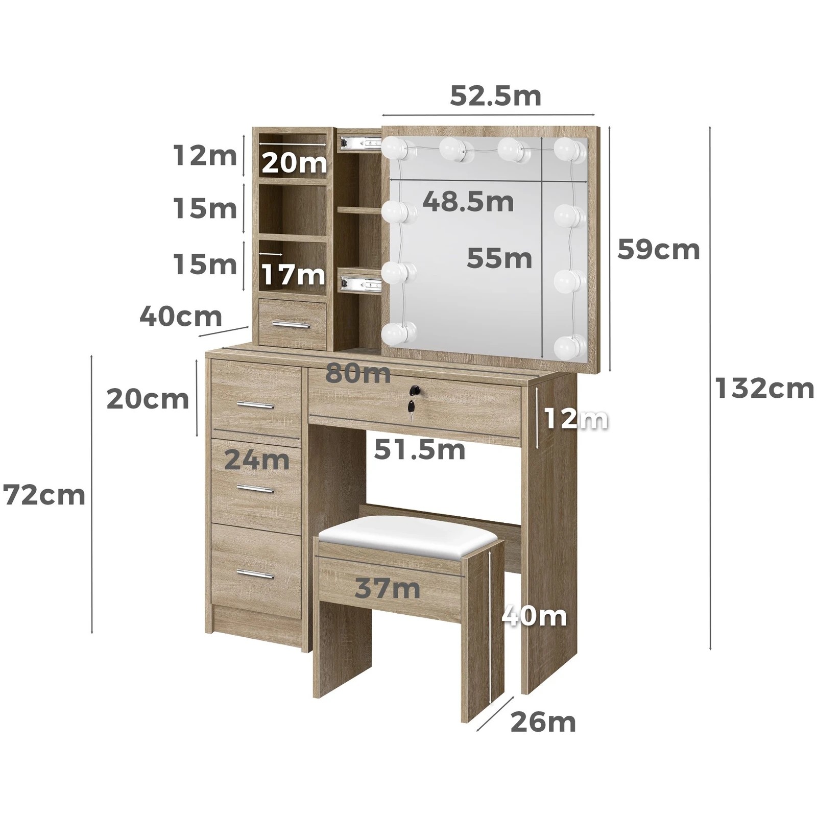 9 Alfordson Dressing Table Stool Set Makeup Vanity Desk LED 10 Bulbs - Oak, 9 of 10