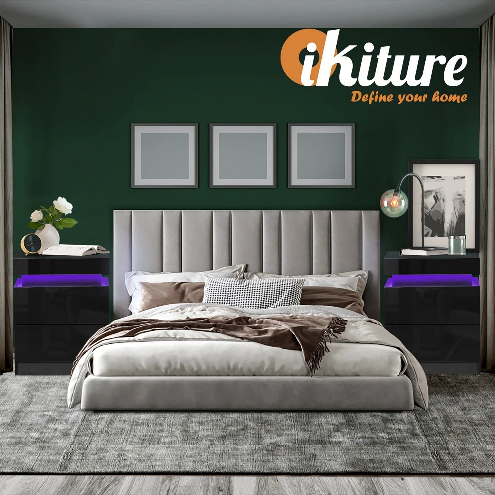 9 Oikiture Bedside Table Rgb Led Nightstand Cabinet 2 Drawers
 - Black, 9 of 10