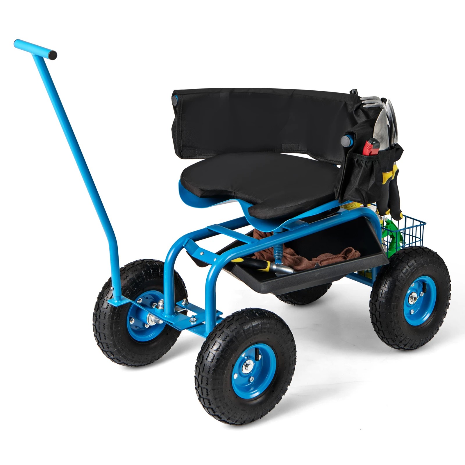 1 Costway Garden Cart Mobile Garden Workseat w/Wheels & Tool Tray Wagon Scooter 2 Steering Handles - Blue, 1 of 3