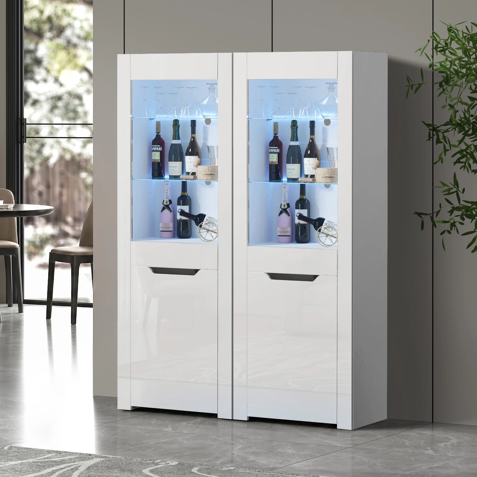 3 Oikiture 2x LED Display Cabinet Tall Sideboard Buffet Storage Cupboard - White, 3 of 8