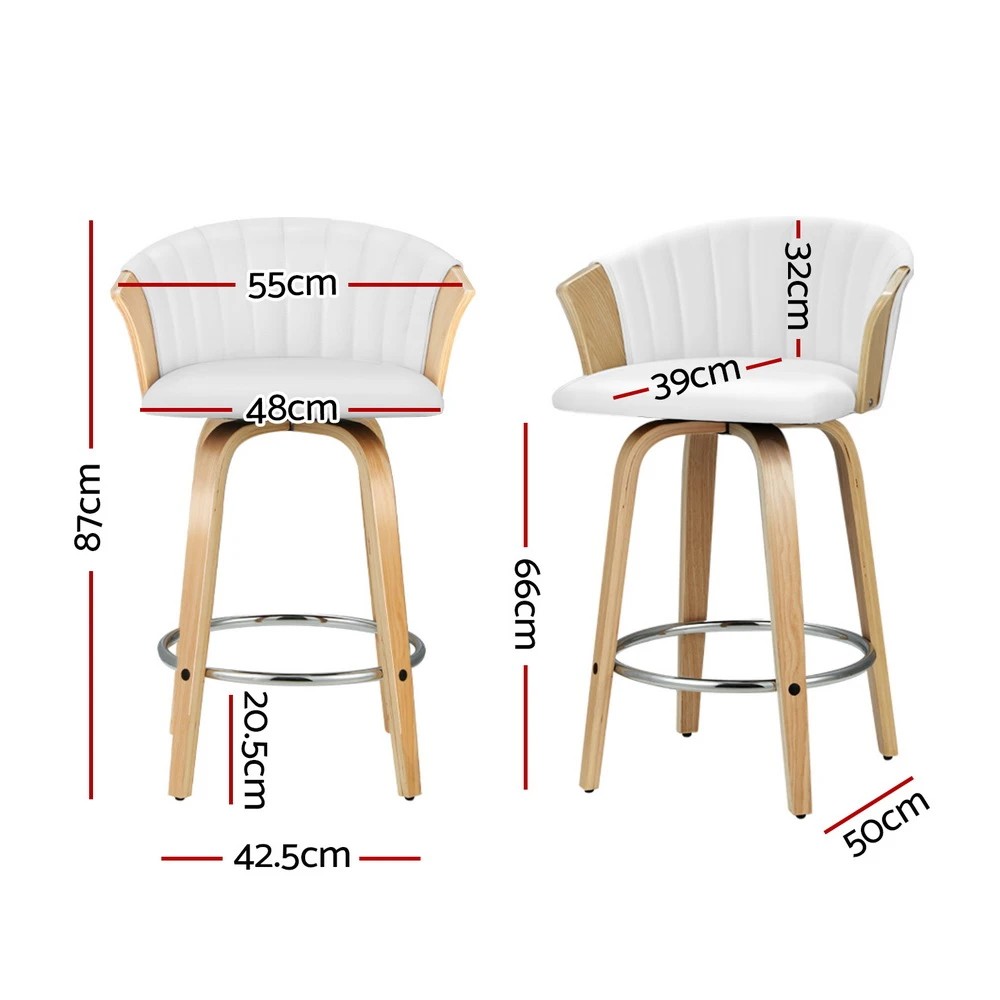 2 Artiss 4x Bar Stools Swivel Leather Chairs Wooden - White, 2 of 6