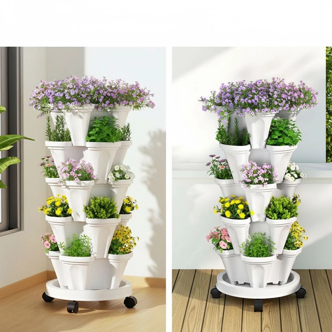 5 Green Fingers Garden Bed 5 Tier Vertical Garden Strawberry Stackable Planters Herbs Petunias - White, 5 of 6