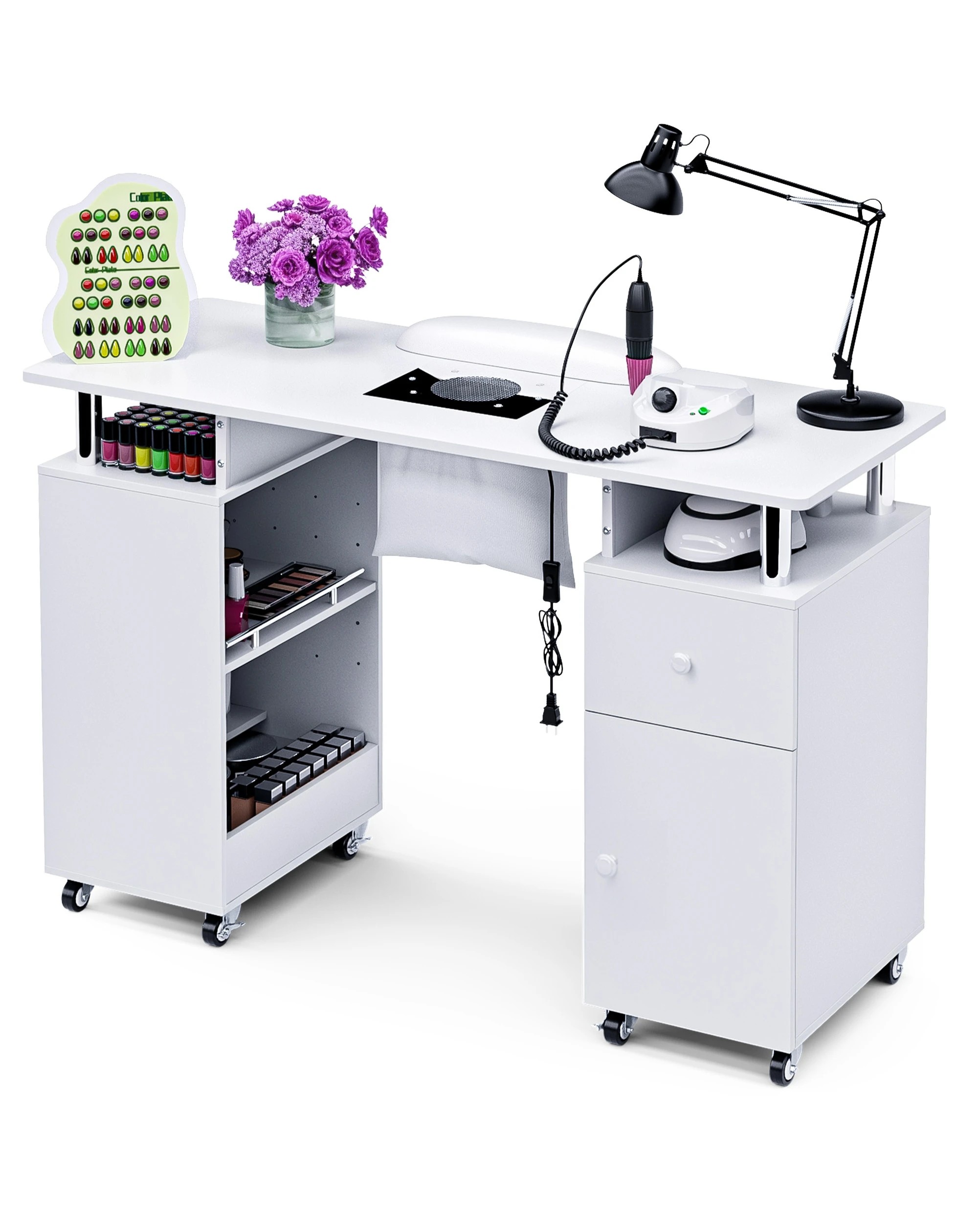 4 Advwin Manicure Table Vanity Desk for Nail Tech with Dust Collector Wrist Rest Lockable Wheels - White, 4 of 9