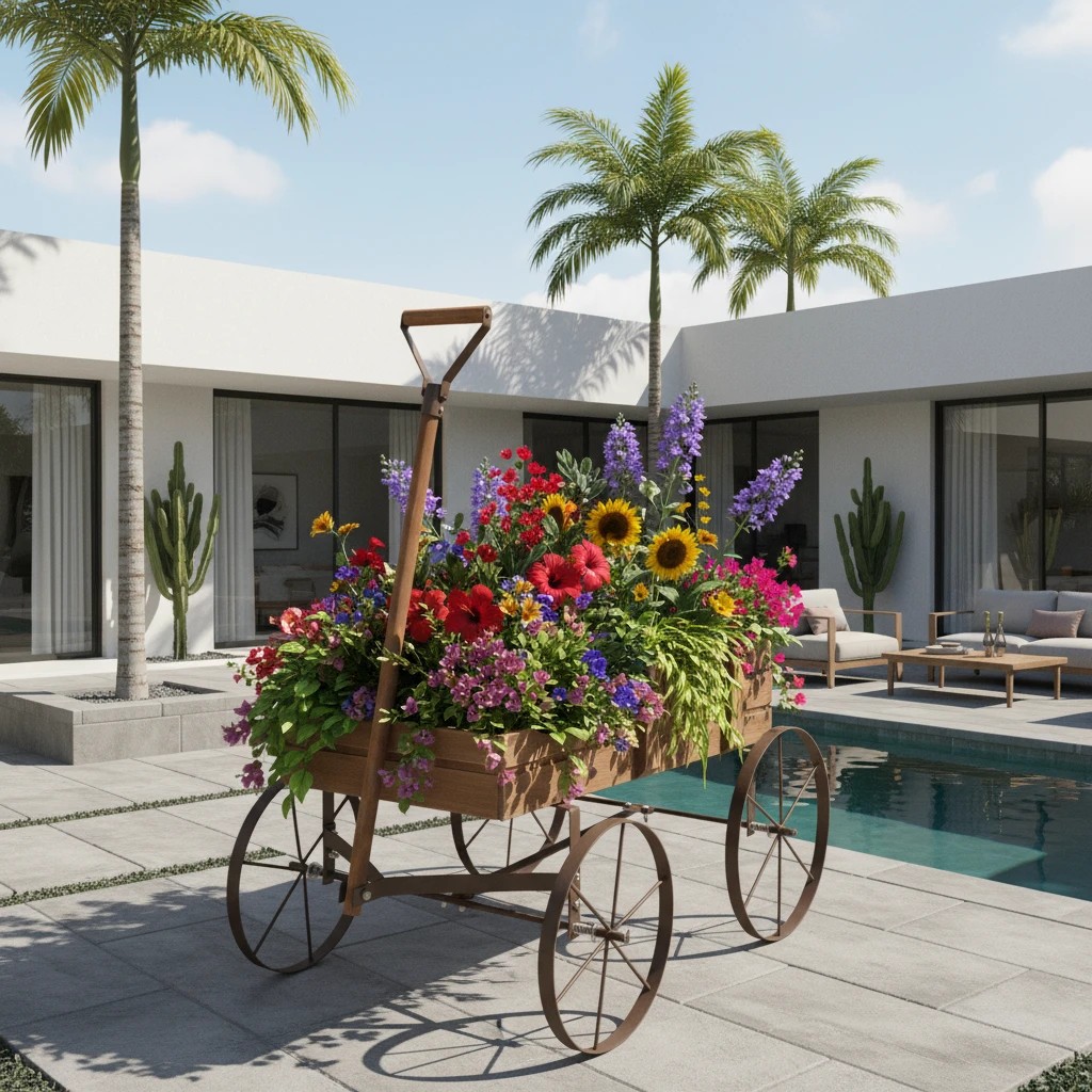 2 Costway Wooden Wagon Planter Garden Flower Planter Garden Bed w/Wheels, 2 of 3