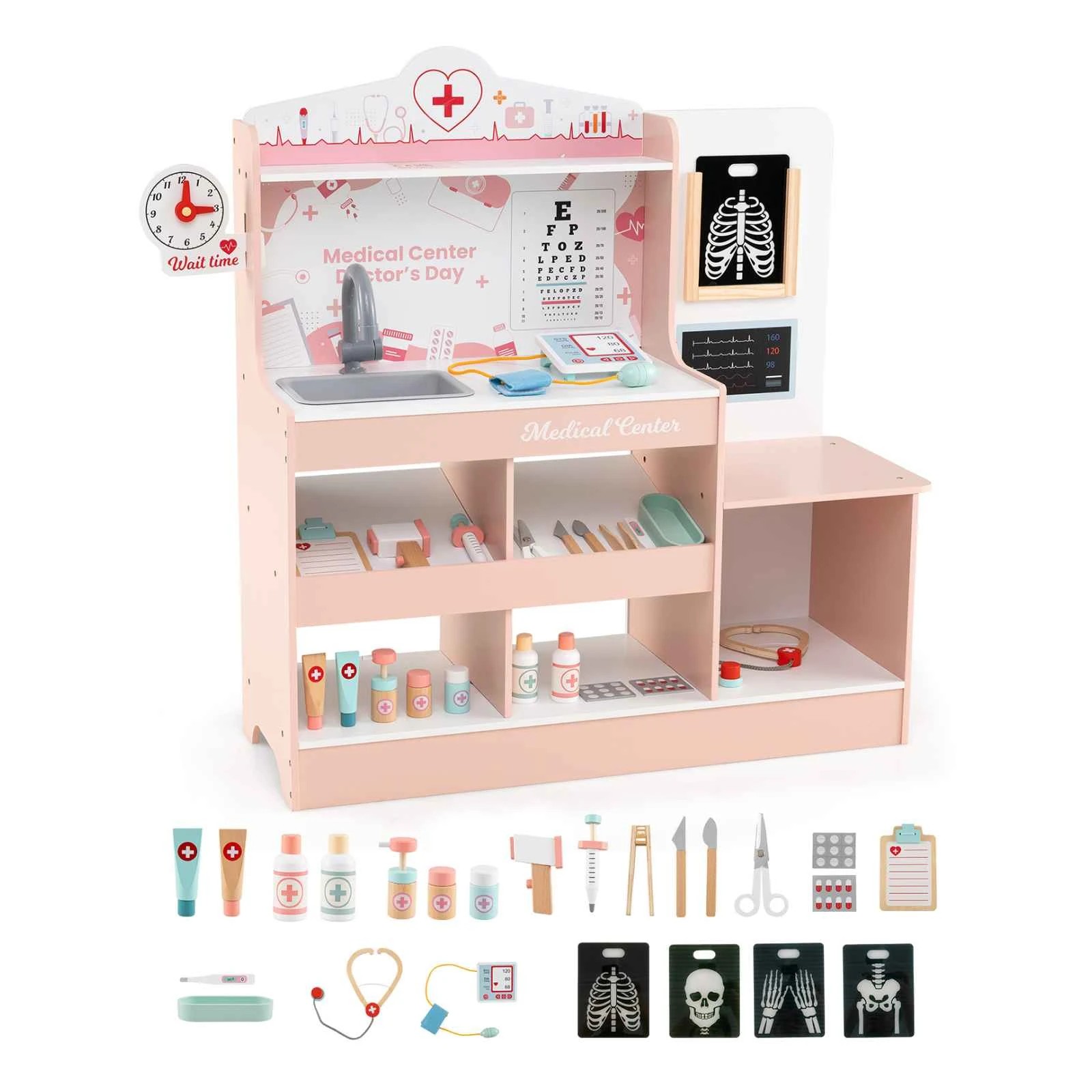 1 Costway Wooden Doctor Play Set Pretend Play Medical Center - Pink, 1 of 1
