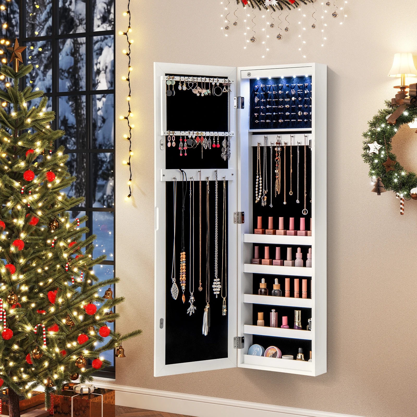 3 Costway Door/Wall Mounted Mirror Jewelry Makeup Cabinet Cosmetics Storage Organiser Box - White, 3 of 5