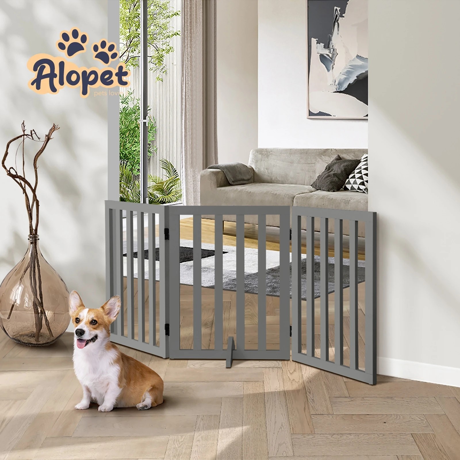 7 Alopet Wooden Pet Gate Dog Fence Safety Stair Barrier Security Door 3-Panel - Grey, 7 of 10