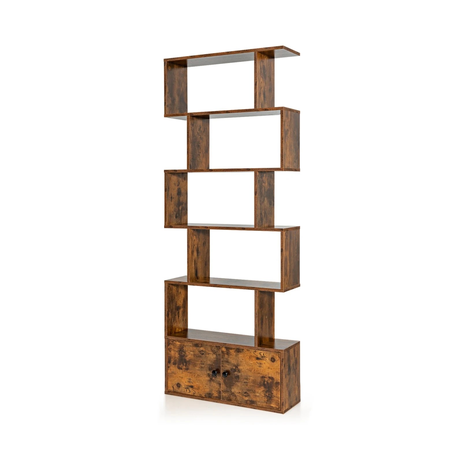 1 Costway 6-tier Bookcase Wood Bookshelf S-shaped Display Shelf Storage Cabinet - Brown, 1 of 4