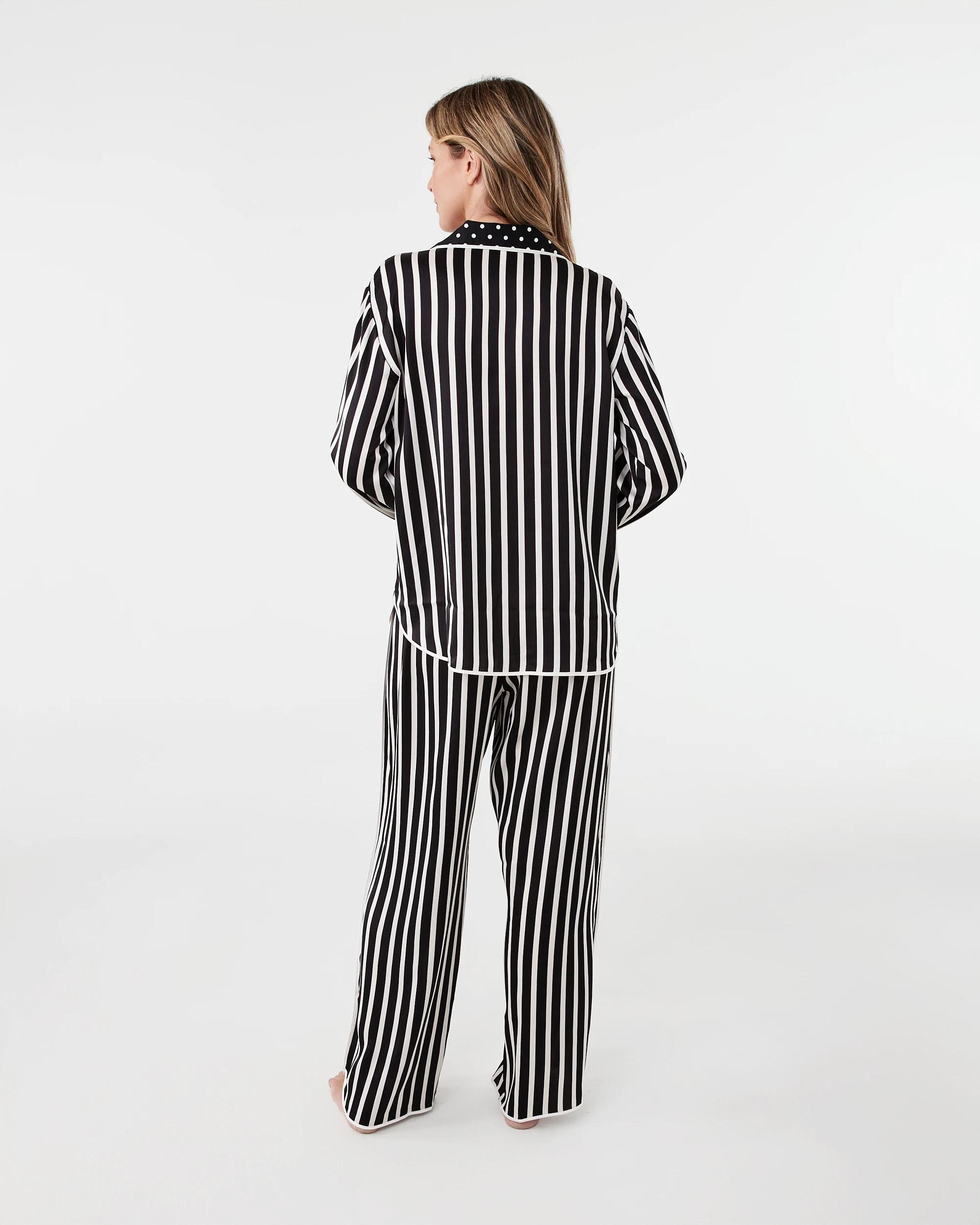 3 Matte Satin Long Sleeve Top and Pants Pyjama Set Mono Strp, 3 of 7