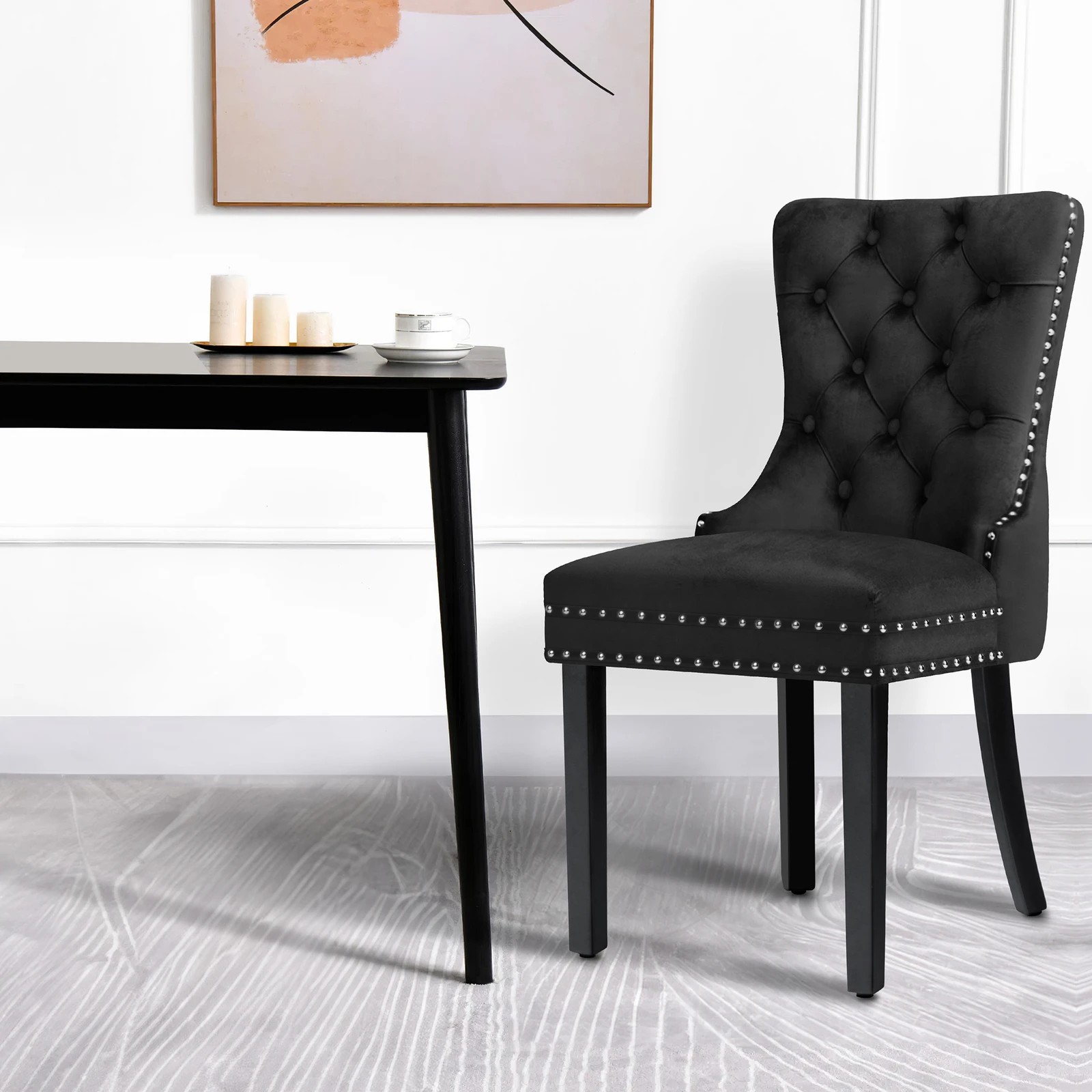 4 Alfordson 4x Dining Chair Kitchen Lounge Retro Button Tufted Wooden Velvet - Black, 4 of 10