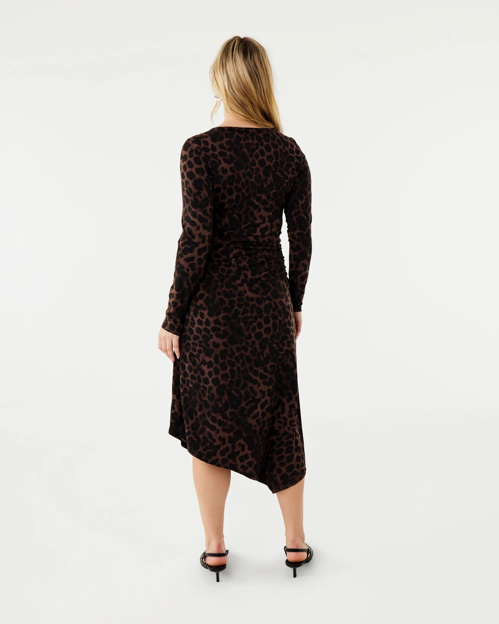 3 Long Sleeve Luxe Asymmetrical Hem Midi Dress Brwn Leop, 3 of 7