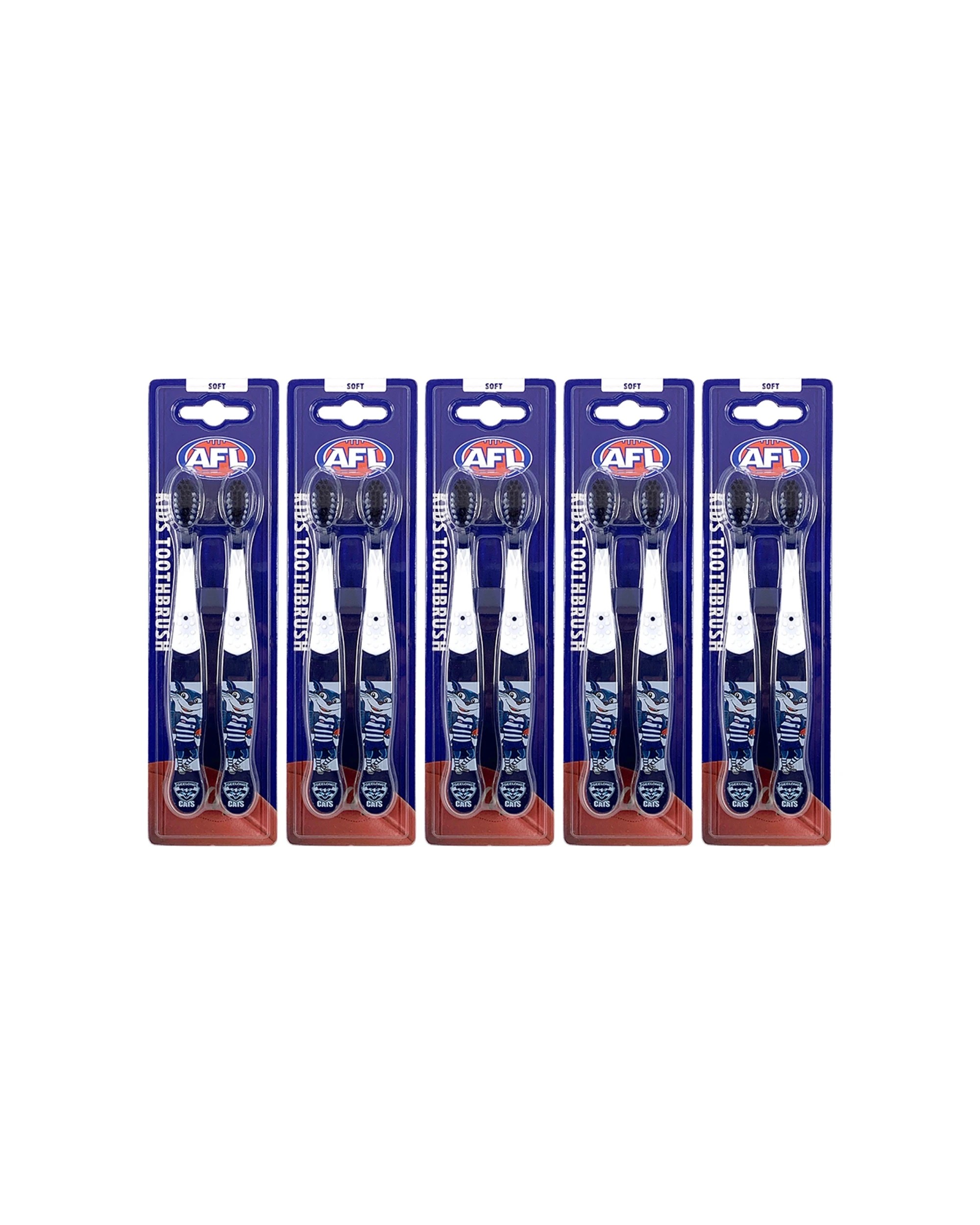 1 AFL 5x 2pc Mascot Kids/Children Soft Bristles Toothbrush Geelong Cats - Black, 1 of 1