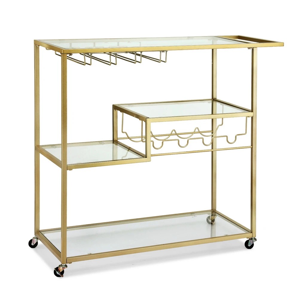 1 Artiss Bar Cart Drink Trolley Serving Cocktail Wine Rack Glass Holder 102cm - Gold, 1 of 8