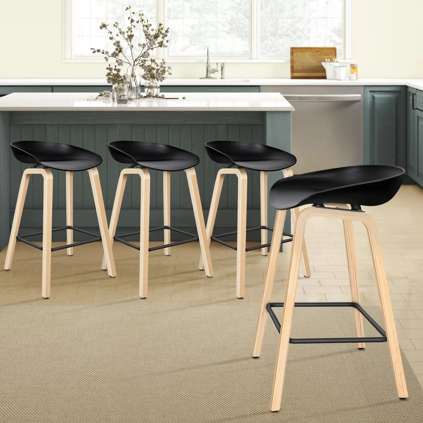 2 Alfordson 4x Kitchen Bar Stools Counter Wooden Chairs - Black, 2 of 7