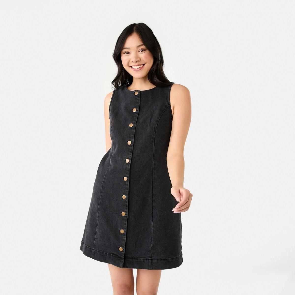1 Sleeveless Boat Neck Denim Mini Dress BLACK WASH, 1 of 8