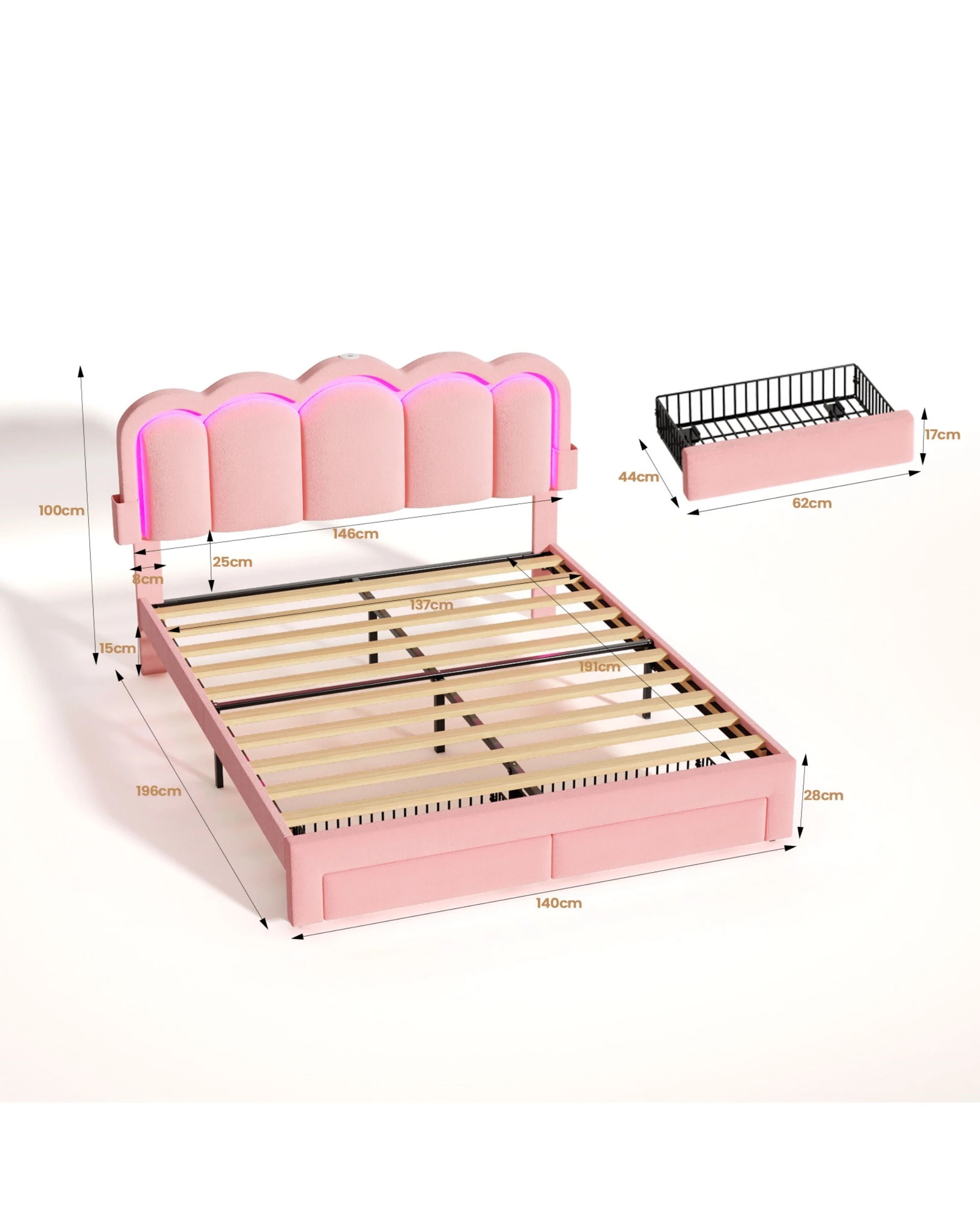 3 Advwin LED Bed Frame with Adjustable Headboard and 2 Storage Drawers USB Velvet Double - Pink, 3 of 8