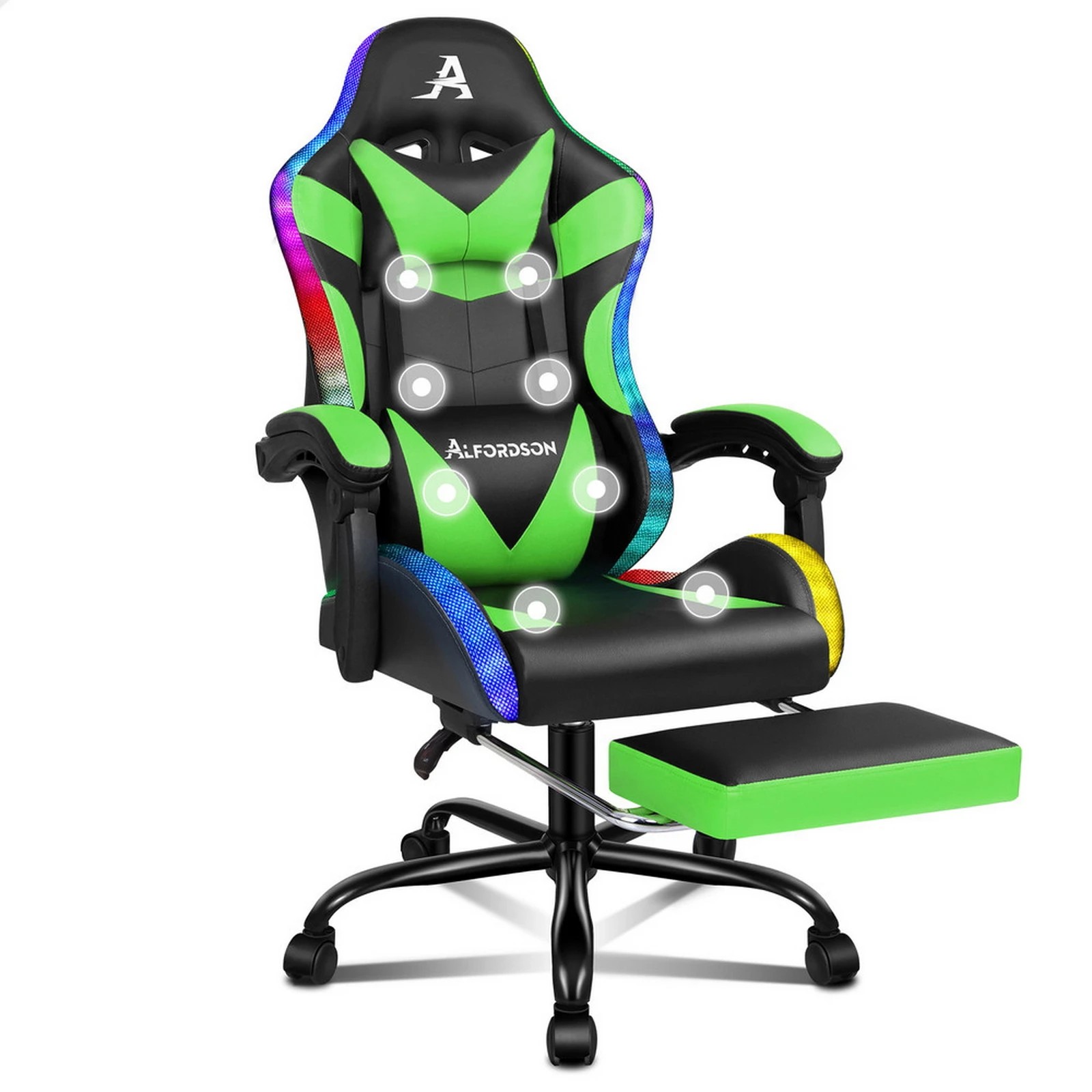 1 Alfordson Gaming Chair Office Massage 12 RGB LED Computer Seat PU Leather - Green, 1 of 10