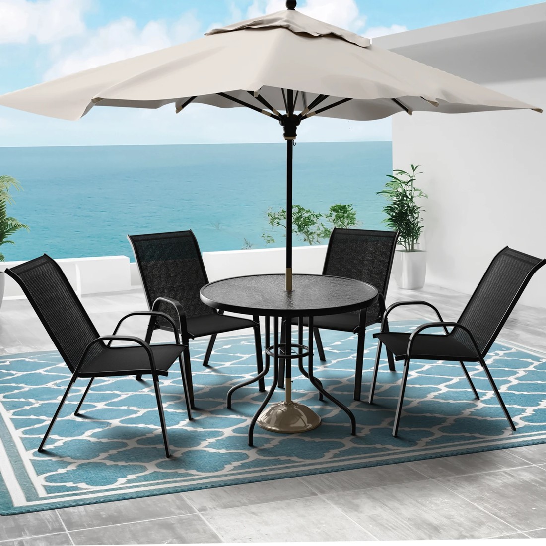 3 Alfordson Outdoor Furniture Patio Dining Table Garden 90CM Round Glass - Black, 3 of 10