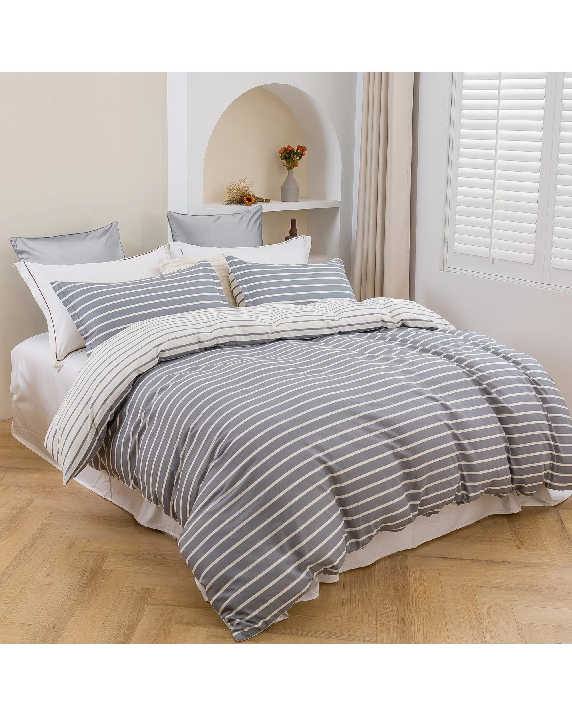 3 Dreamaker Miller Stripe 100% Cotton Reversible Quilt Cover Set - Single Bed - Grey, 3 of 6