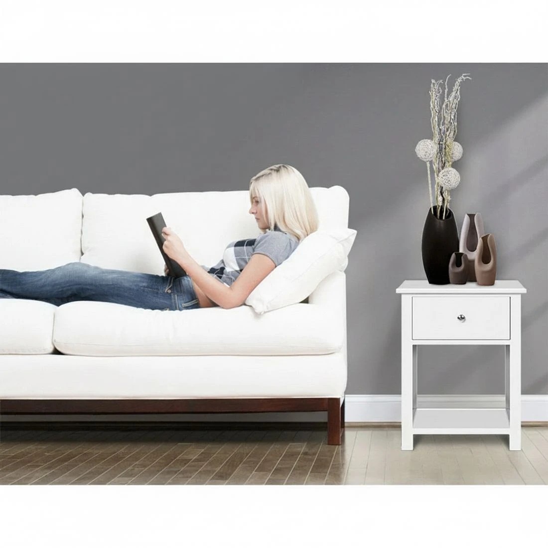 6 Artiss Bedside Table 1 Drawer with Shelf EMMA - White, 6 of 9