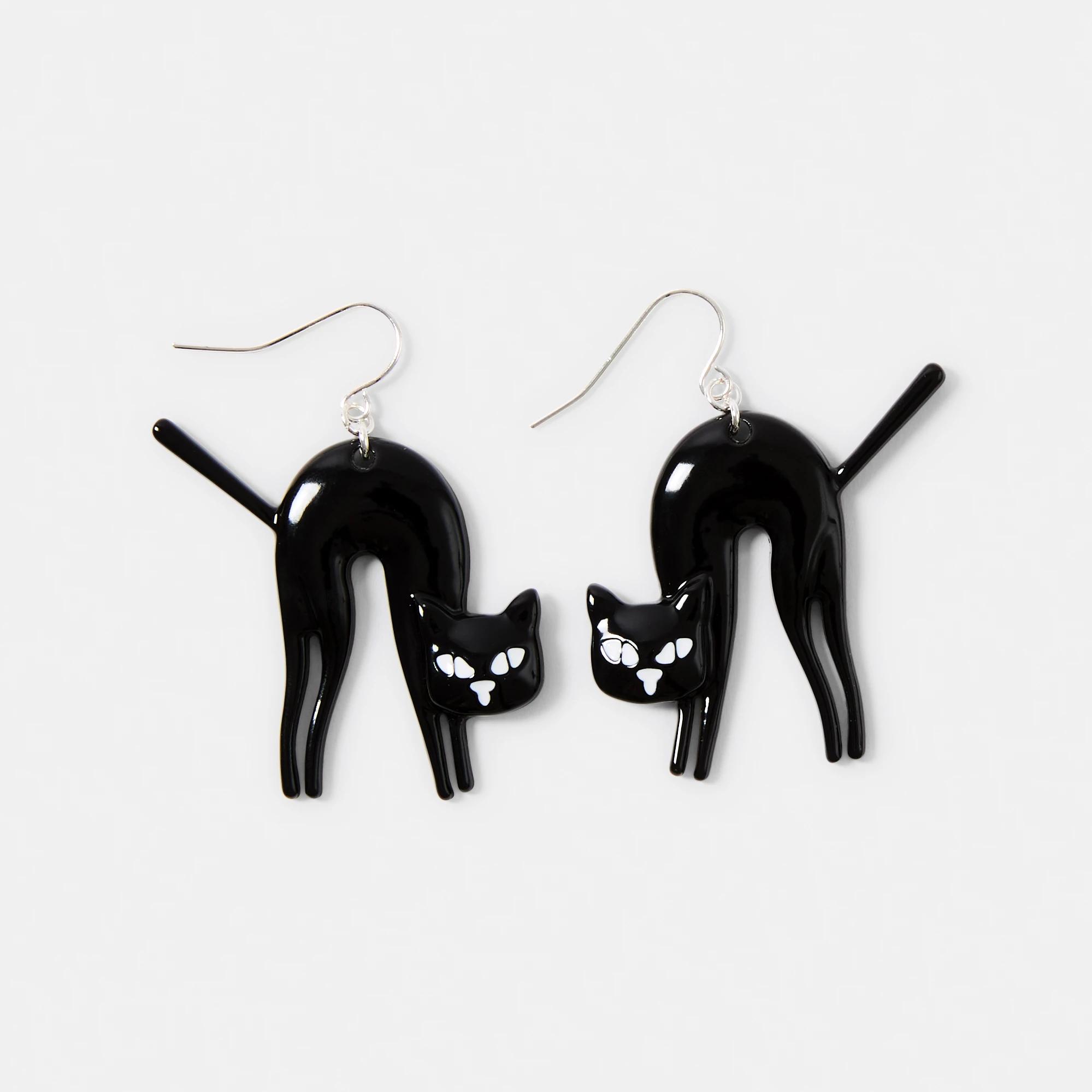 1 Halloween Cat Earrings - Black and Silver Tone Black, 1 of 4