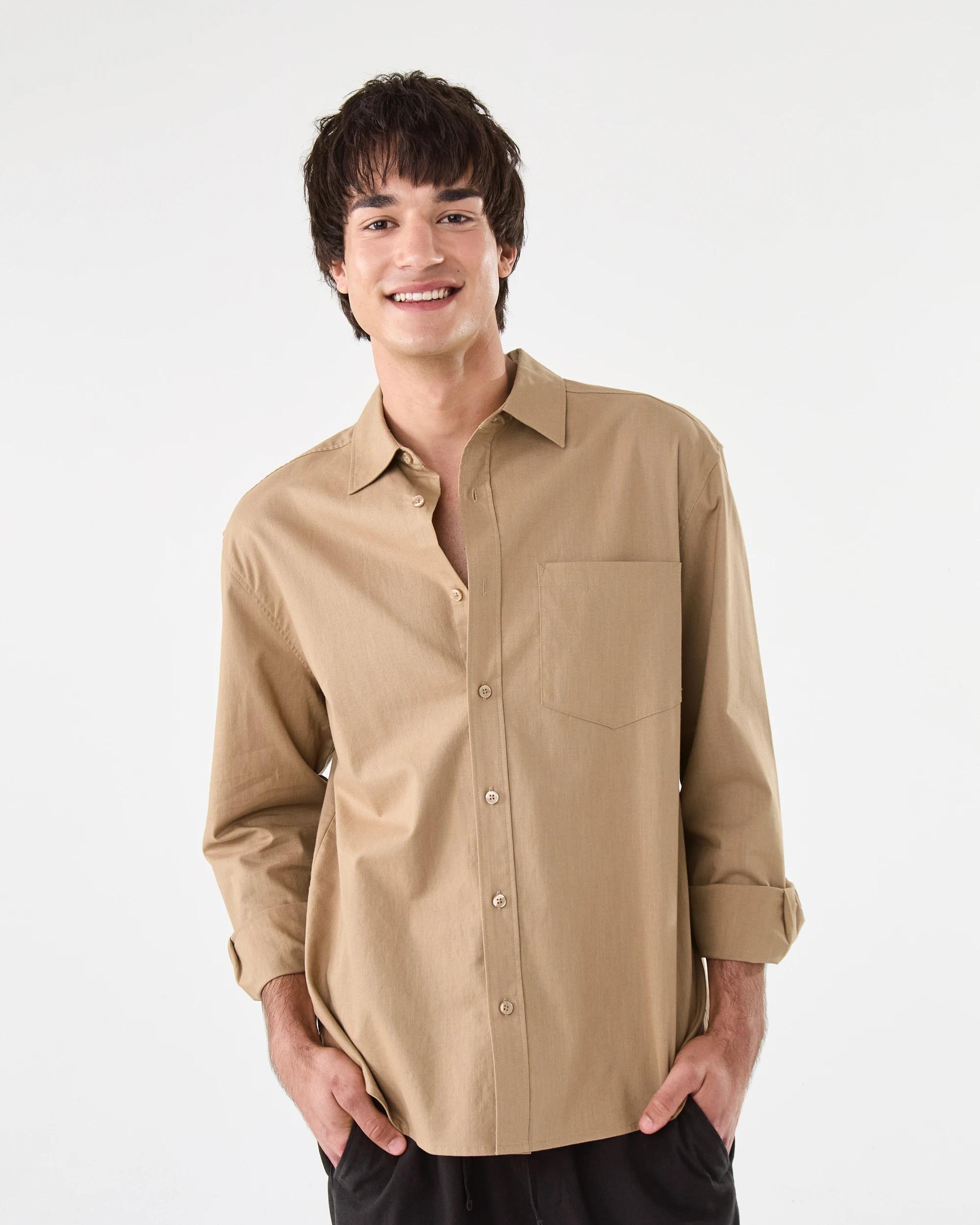 1 Long Sleeve Cotton Linen Shirt UNI BEIGE, 1 of 7