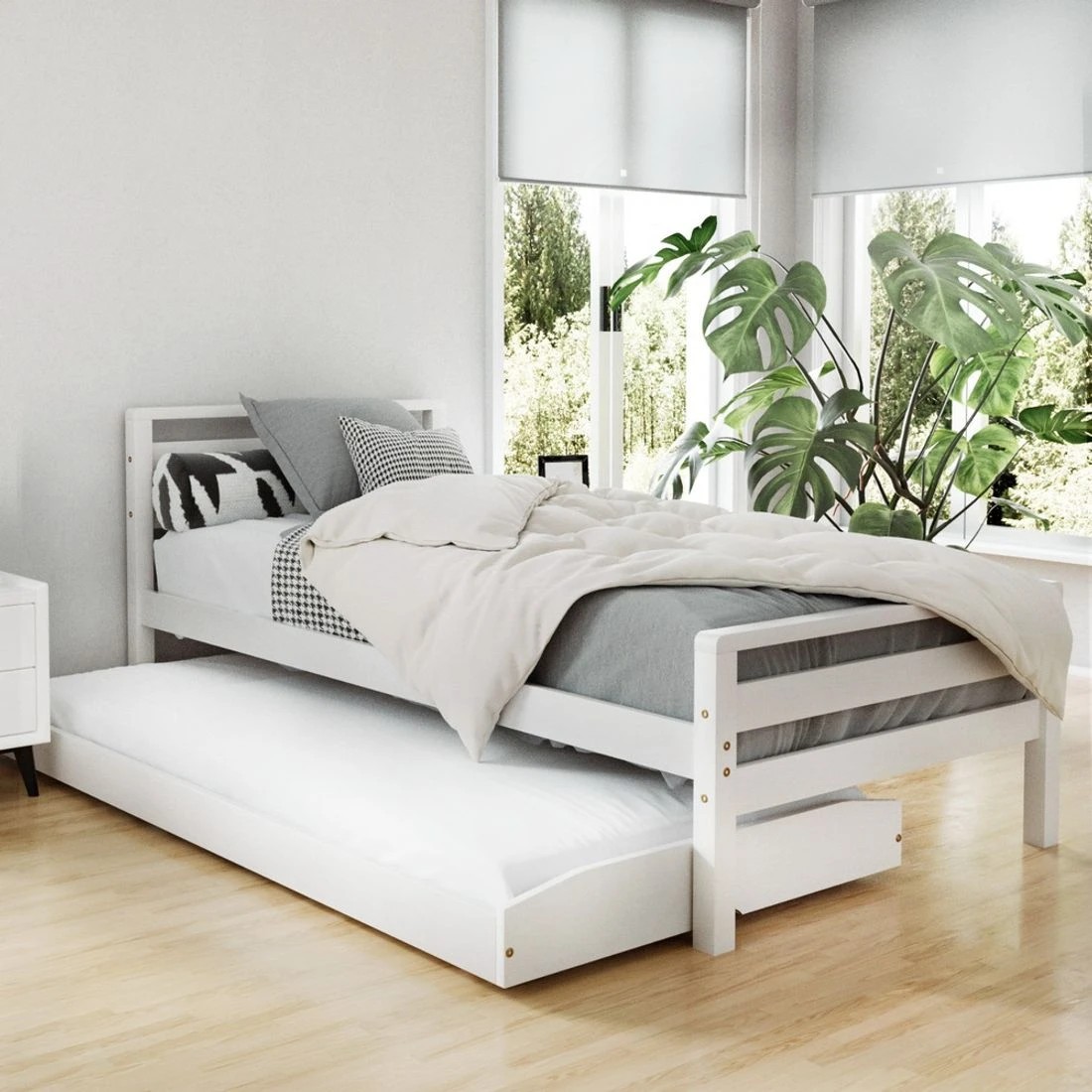 3 Artiss Bed Frame Single Size 2-in-1 Trundle Wooden  AVIS - White, 3 of 7