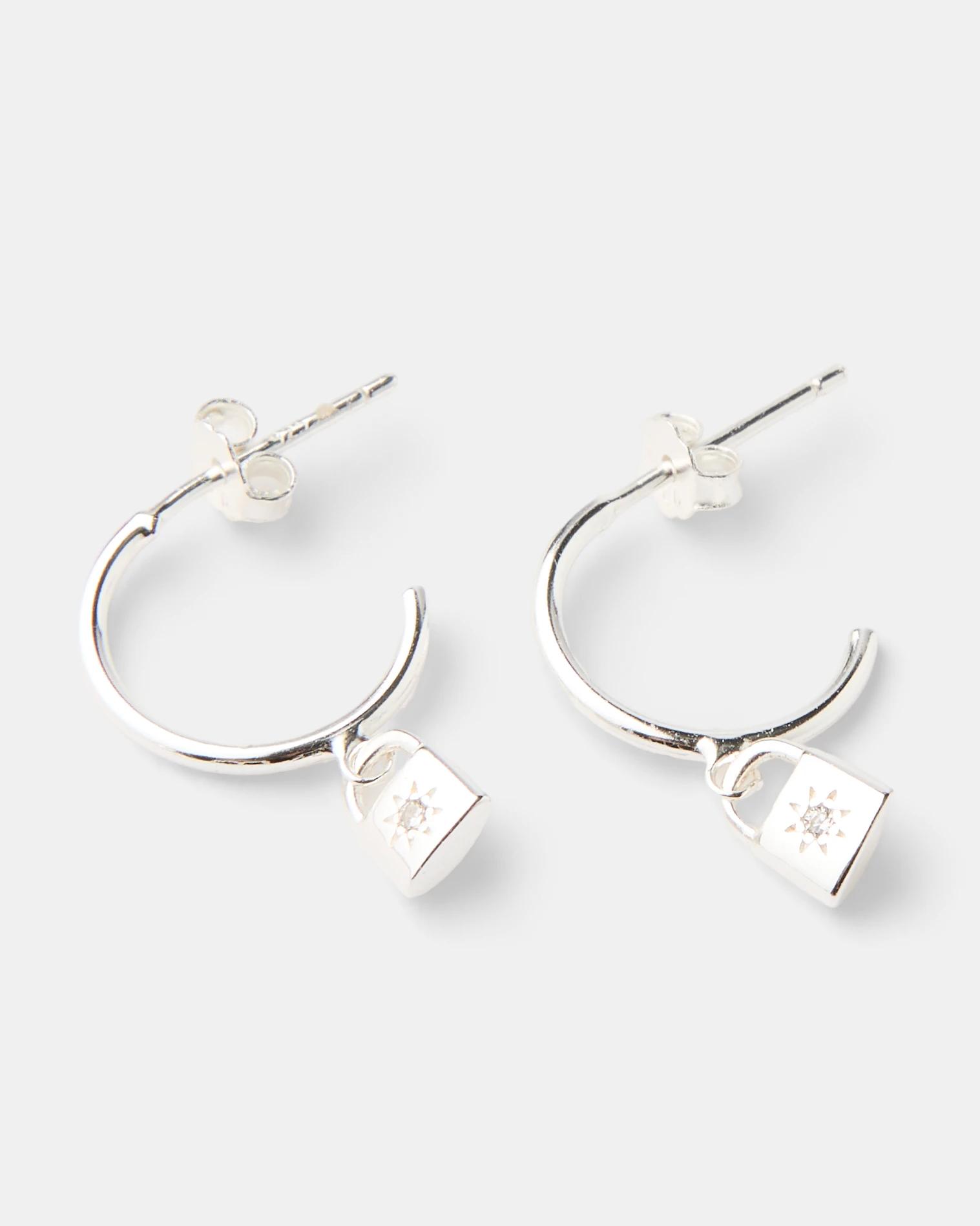 2 Cubic Zirconia Sterling Silver 925 Lock Huggie Earrings Silver, 2 of 4