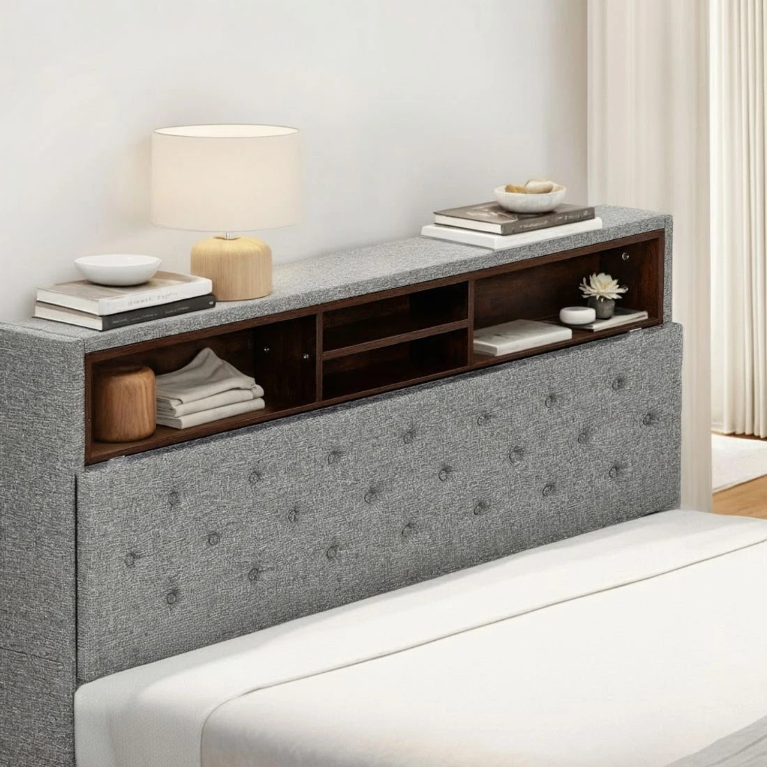 5 Artiss Bed Frame Queen Size LED Mattress Base Platform with Storage Shelf Hidden Storage Box - Grey, 5 of 8